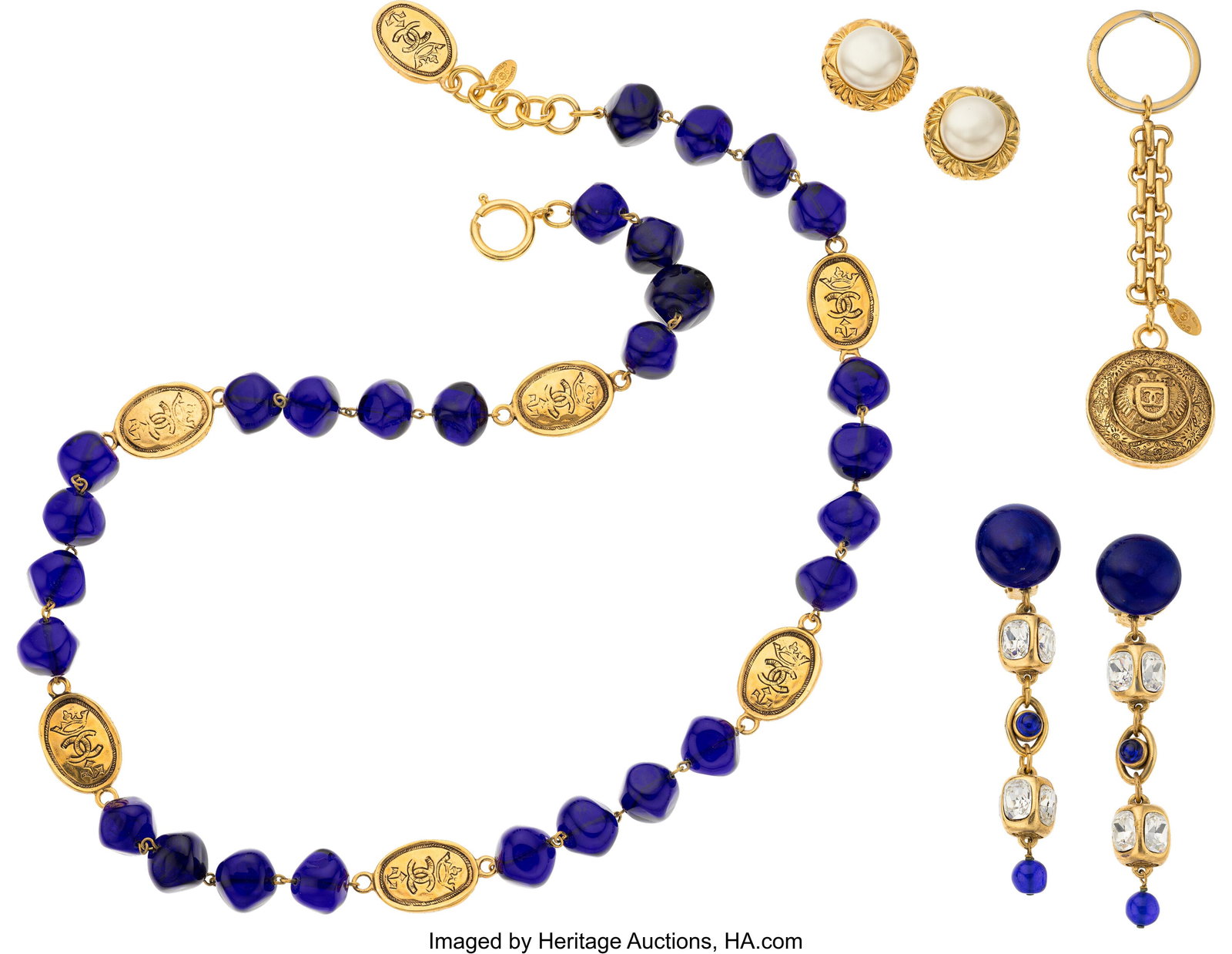 Chanel Set of Four: Vintage Blue Gripoix Necklac: Chanel Set of Four: Vintage Blue Gripoix Necklace, Earrings, Faux Pearl Earrings, & Keychain See Extended Condition Report for Details. This set includes: Chan
