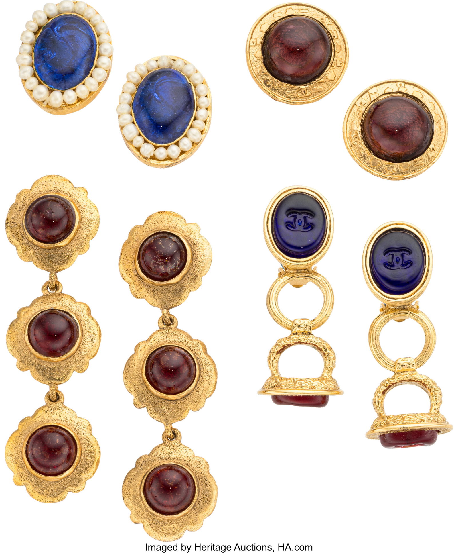 Chanel Set of Four: Vintage Gripoix Earrings Se: Chanel Set of Four: Vintage Gripoix Earrings See Extended Condition Report for Details. This set includes: Chanel Gold Plated Red Gripoix Drop Clip On Earrings (1988-1989&comma