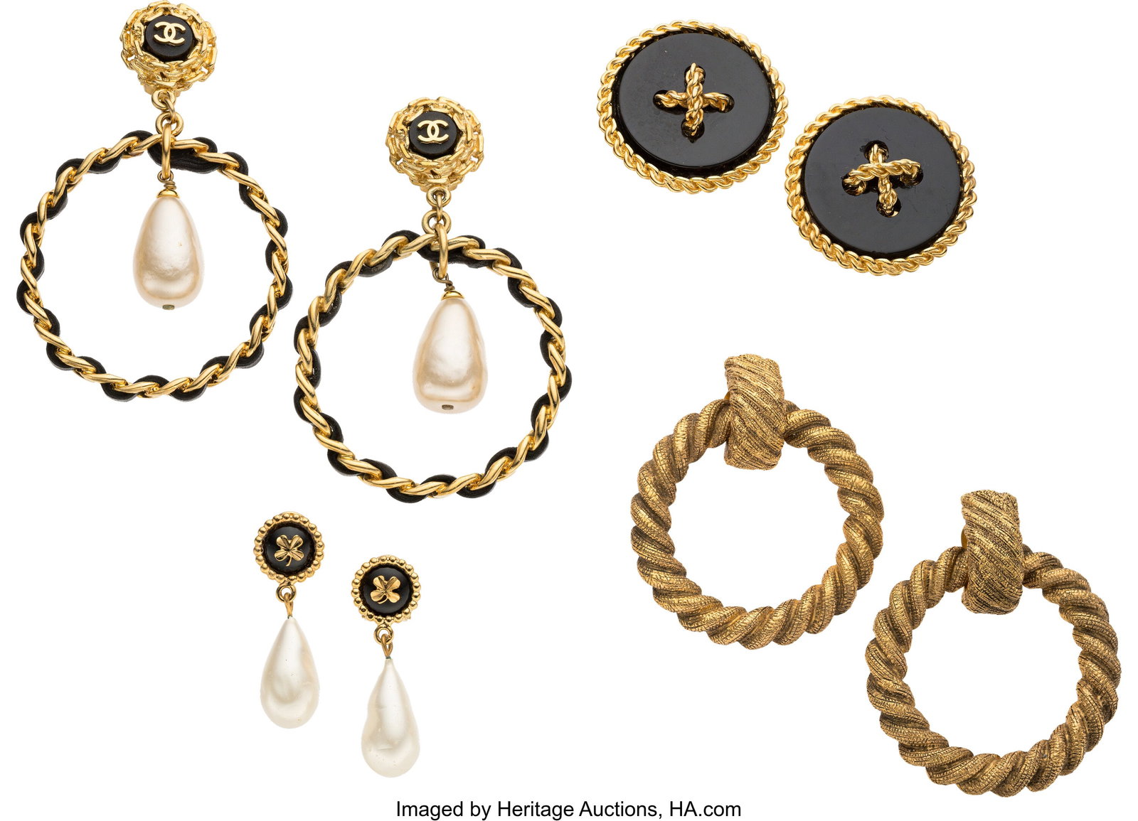 Chanel Set of Four: Vintage Black & Gold Earring: Chanel Set of Four: Vintage Black & Gold Earrings See Extended Condition Report for Details. This set includes: Chanel Gold Plated & Black Leather Woven Chain Faux Pearl Hoo