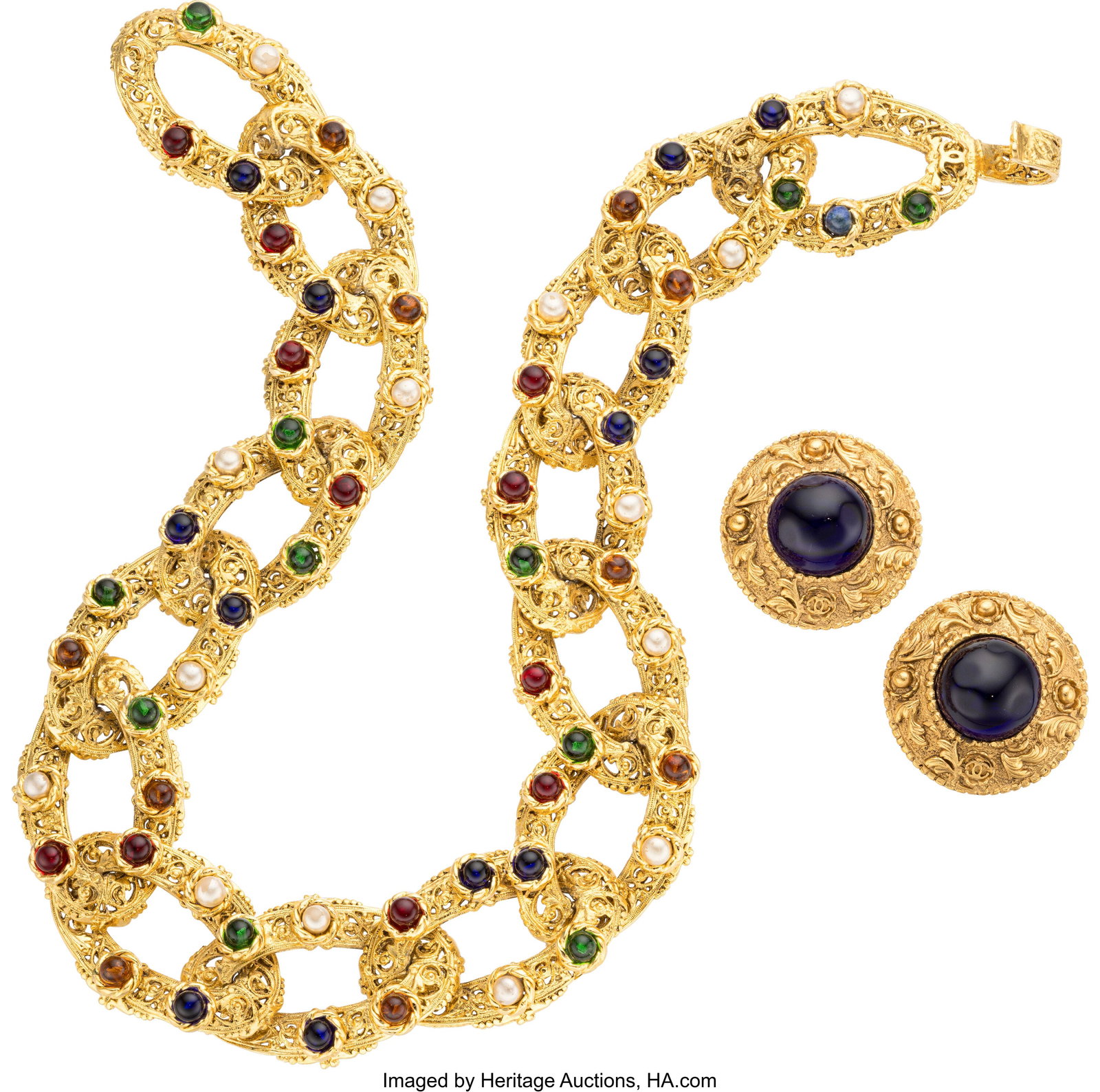 Chanel Set of Two: Vintage Gripoix Chain Necklac: Chanel Set of Two: Vintage Gripoix Chain Necklace & Earrings See Extended Condition Report for Details. This set includes: Chanel Gold Plated Multicolor Gripoix & Faux Pearl