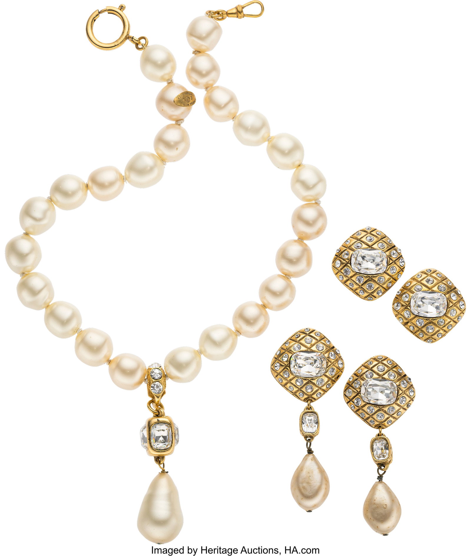 Chanel Set of Three: Vintage Pearl & Crystal Nec: Chanel Set of Three: Vintage Pearl & Crystal Necklace and Earrings See Extended Condition Report for Details. This set includes: Chanel Faux Pearl & Crystal Necklace (1