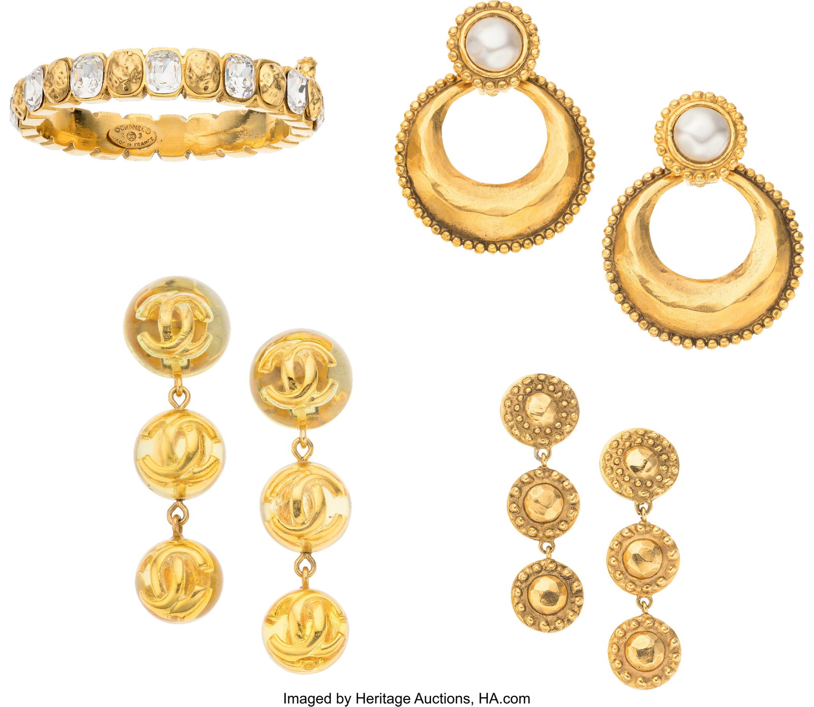 Chanel Set of Four: Vintage Earrings & Bangle S: Chanel Set of Four: Vintage Earrings & Bangle See Extended Condition Report for Details. This set includes: Chanel Gold-Plated Faux Pearl Hoop Clip On Earrings (1988-1989&c