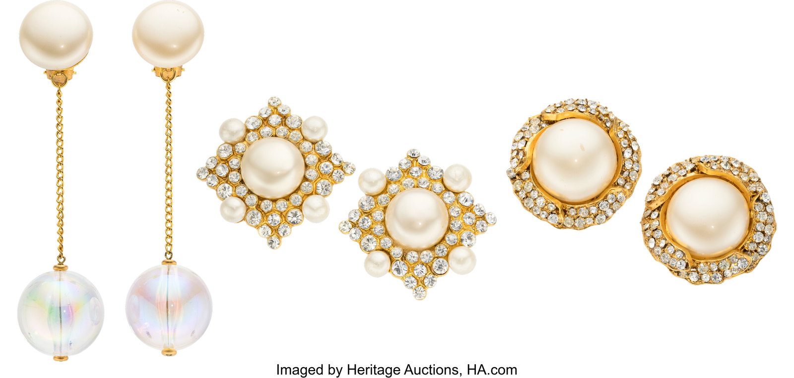 Chanel Set of Three: Vintage Pearl & Crystal Ear: Chanel Set of Three: Vintage Pearl & Crystal Earrings See Extended Condition Report for Details. This set includes: Chanel Gold Plated Faux Pearl & Iridescent Ball Drop Clip