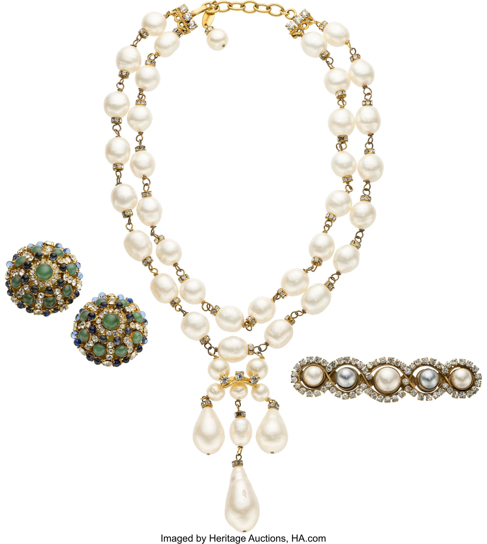 Chanel Set of Three: Vintage Gripoix Earrings, F: Chanel Set of Three: Vintage Gripoix Earrings, Faux Pearl Necklace & Brooch See Extended Condition Report for Details. This set includes: Chanel Vintage Blue & Green G