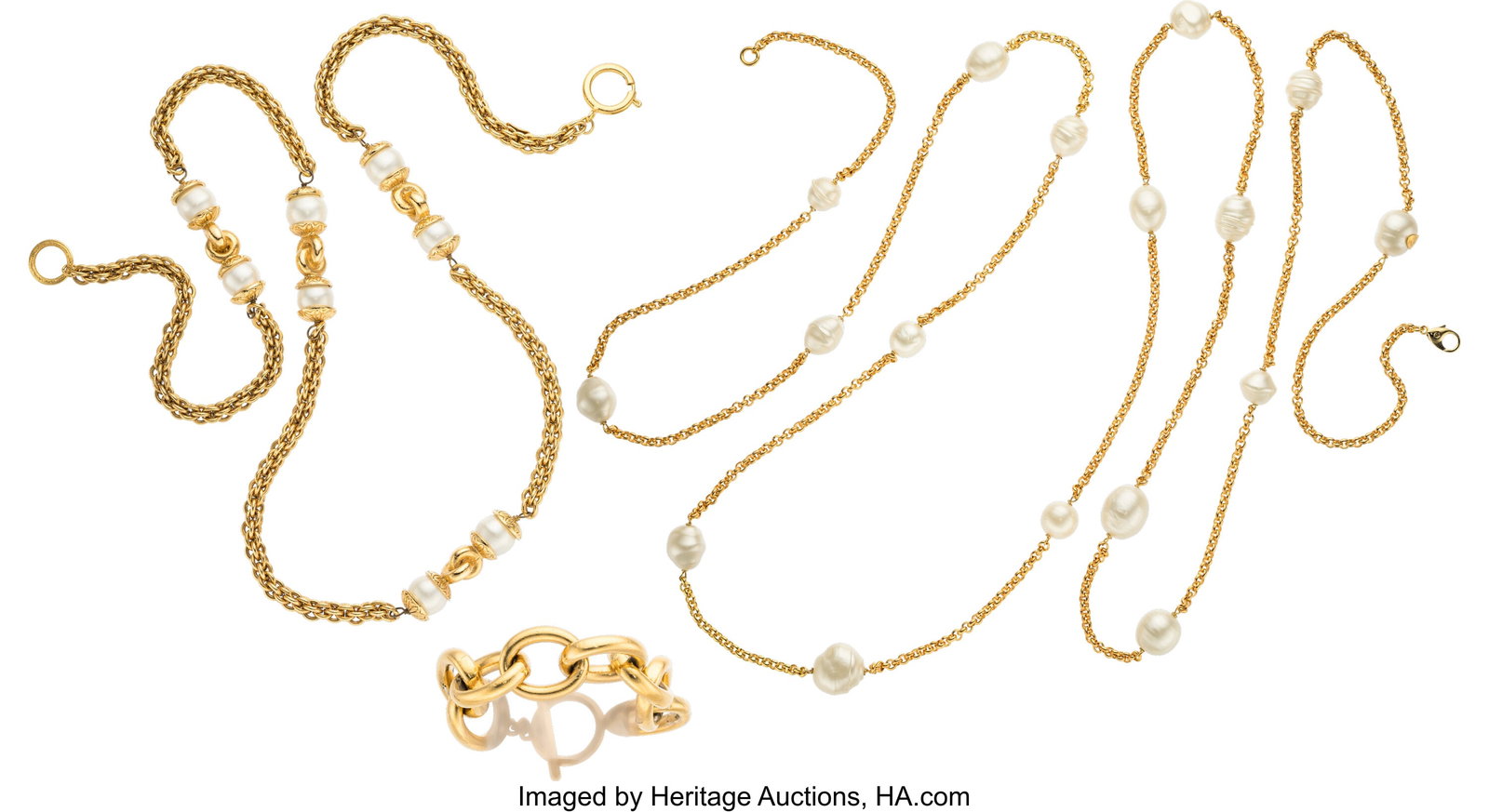 Chanel Set of Three: Vintage Faux Pearl Necklace: Chanel Set of Three: Vintage Faux Pearl Necklaces & Chain Bracelet See Extended Condition Report for Details. This set includes: Chanel Gold Plated Faux Pearl Necklace (197