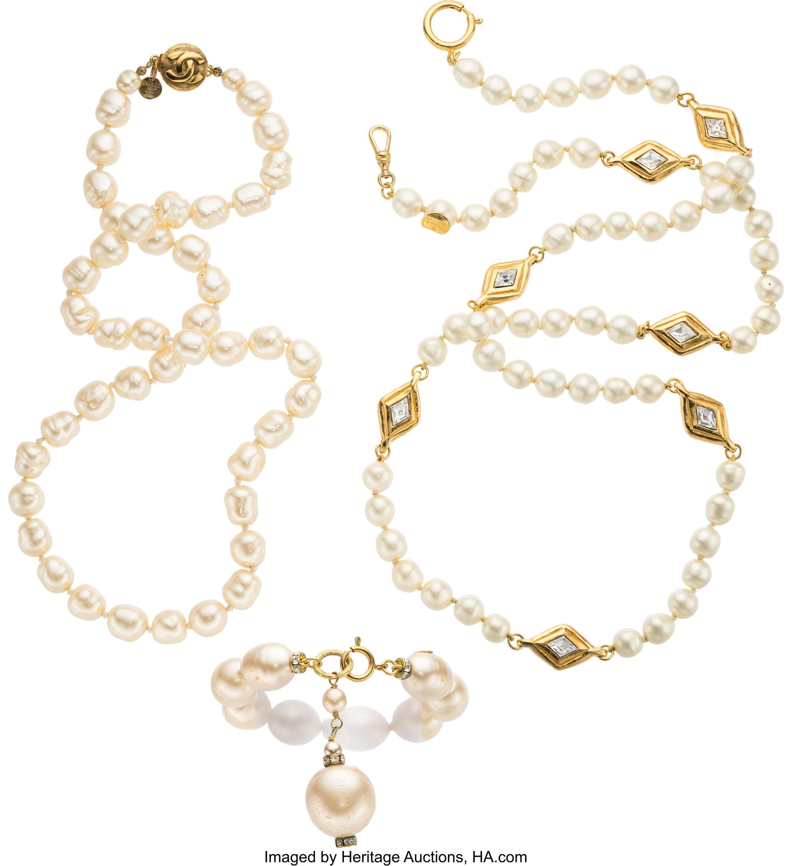 Chanel Set of Three: Vintage Faux Pearl & Crysta: Chanel Set of Three: Vintage Faux Pearl & Crystal Necklaces and Bracelet See Extended Condition Report for Details. This set includes: Chanel Faux Pearl Necklace (1981&comm