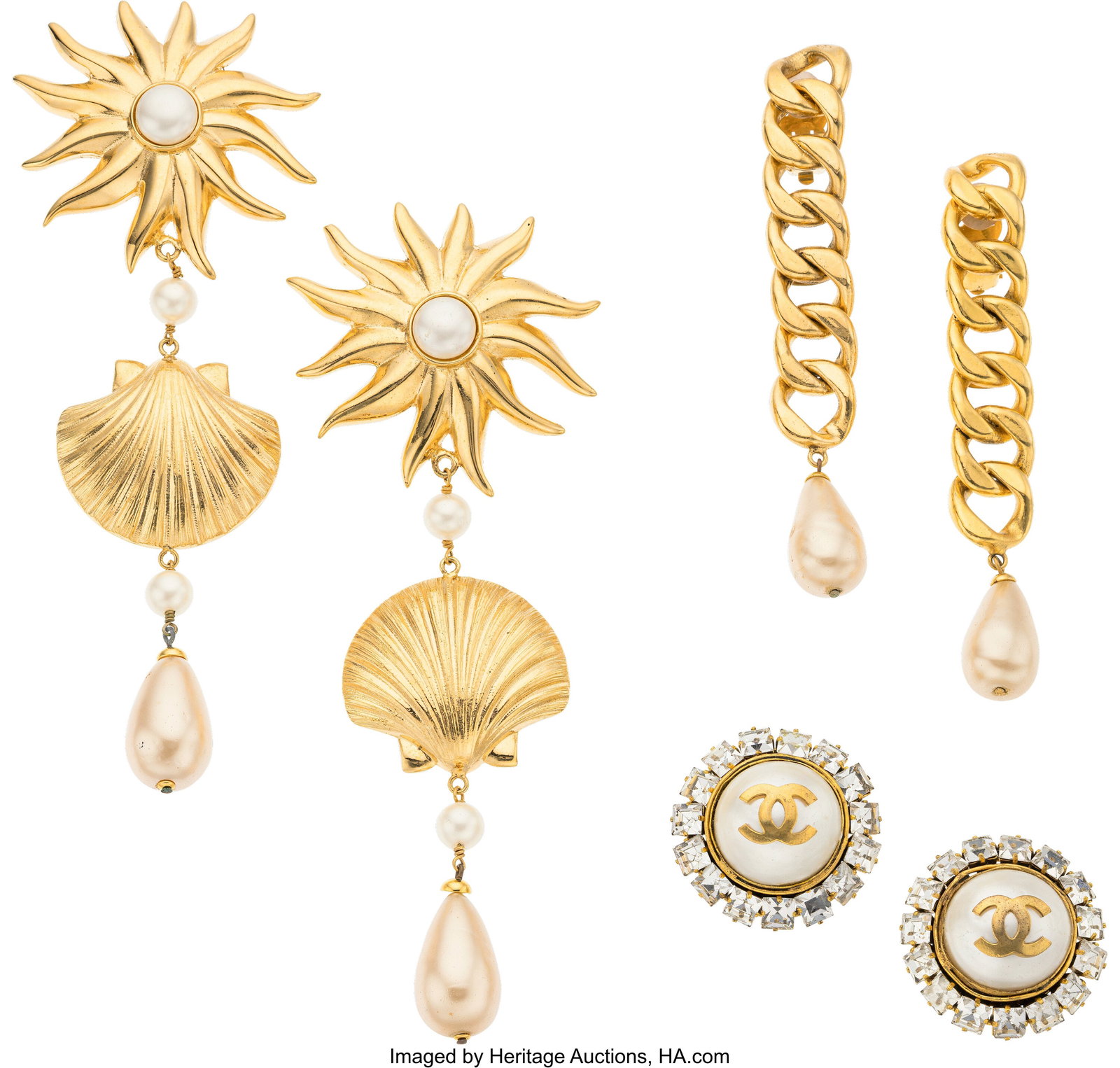 Chanel Set of Three: Vintage Gold Faux Pearl Ear: Chanel Set of Three: Vintage Gold Faux Pearl Earrings See Extended Condition Report for Details. This set includes: Chanel Vintage Faux Pearl & Crystal CC Clip On Earrings &lpar