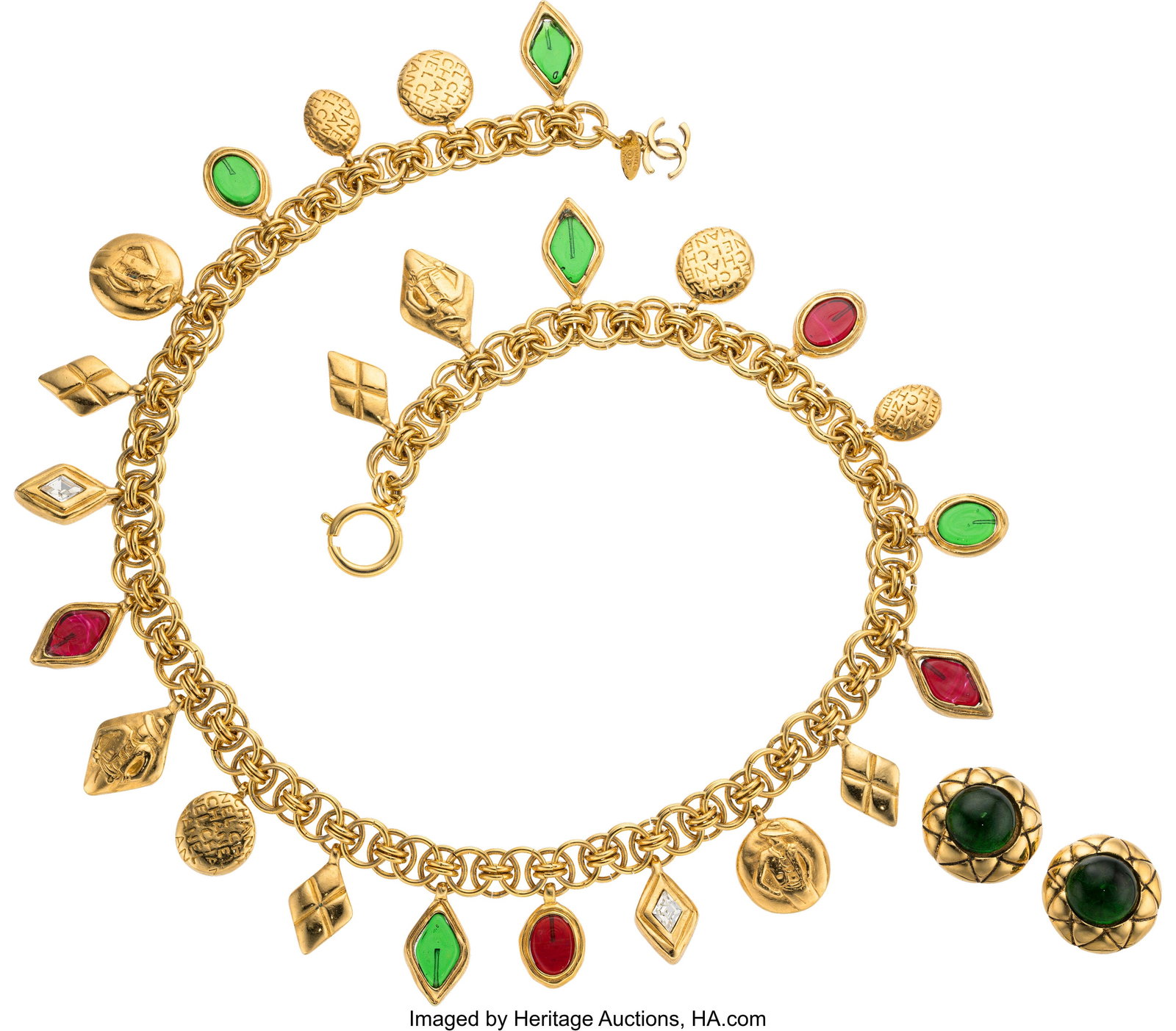 Chanel Set of Two: Vintage Gripoix Necklace and : Chanel Set of Two: Vintage Gripoix Necklace and Earrings See Extended Condition Report for Details. This set includes: Chanel Gold Plated Multicolor Gripoix & Crystal Necklace &
