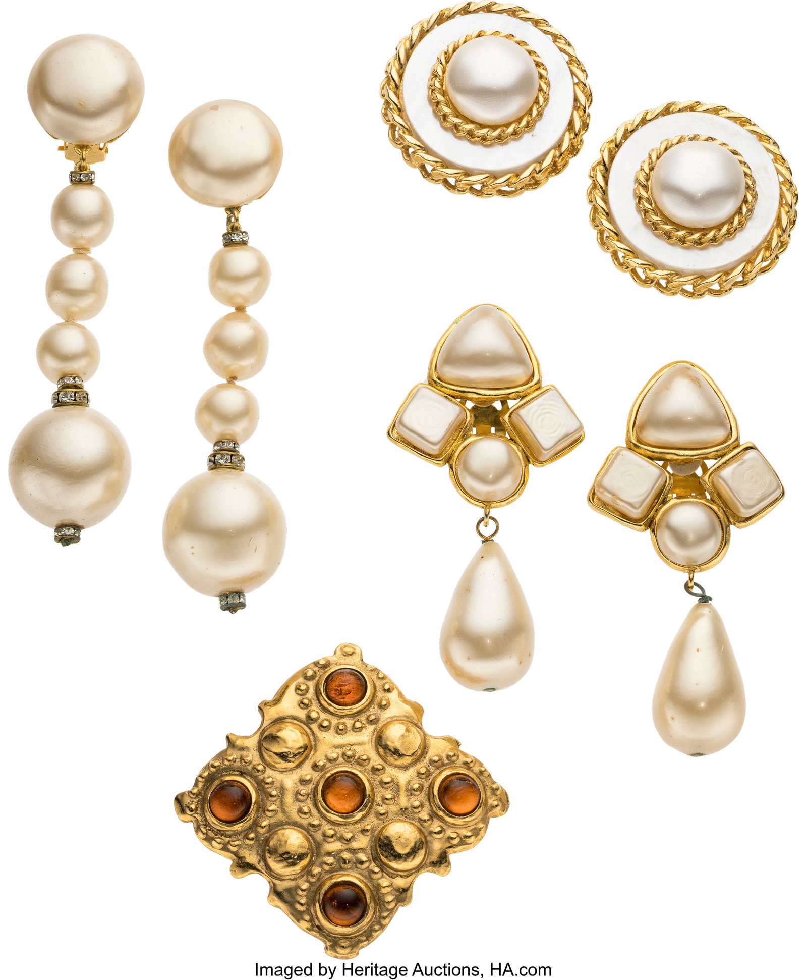 Chanel Set of Four: Vintage Pearl Earrings & Gri: Chanel Set of Four: Vintage Pearl Earrings & Gripoix Brooch See Extended Condition Report for Details. This set includes: Chanel Vintage Gold Plated Faux Pearl & White Gripo