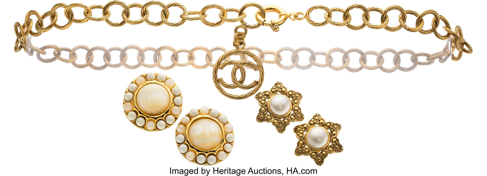 Chanel Set of Three: Vintage Chain Necklace & Ea: Chanel Set of Three: Vintage Chain Necklace & Earrings See Extended Condition Report for Details. This set includes: Chanel Gold Plated Chain CC Necklace (1990-1992, 