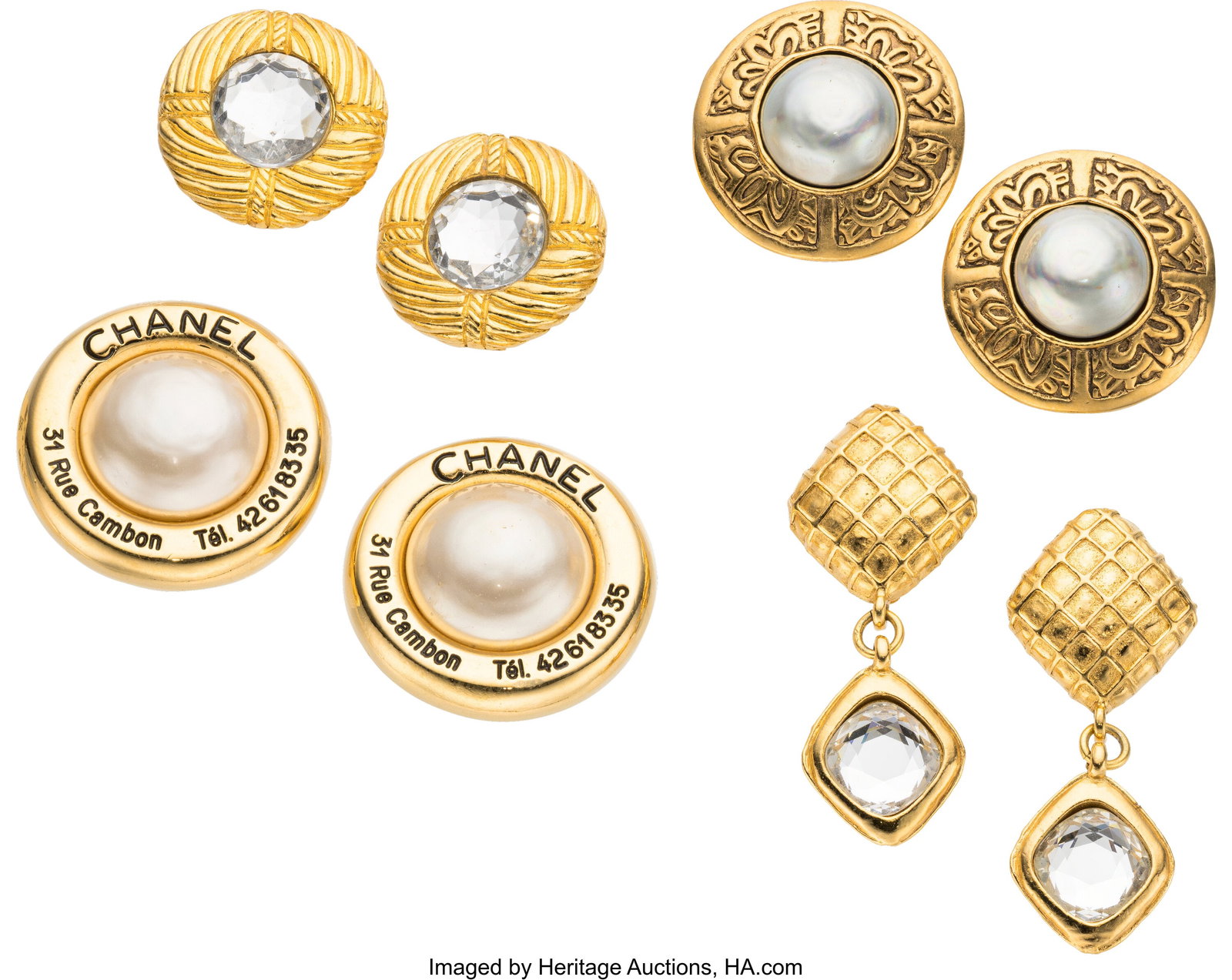 Chanel Set of Four: Vintage Crystal & Faux Pearl: Chanel Set of Four: Vintage Crystal & Faux Pearl Earrings See Extended Condition Report for Details. This set includes: Chanel Gold Plated Blue Faux Pearl Clip On Earrings &lpar