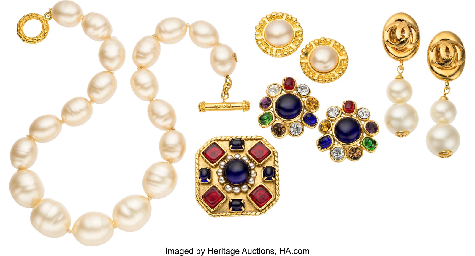Chanel Set of Five: Vintage Gripoix & Pearl Earr: Chanel Set of Five: Vintage Gripoix & Pearl Earrings, Necklace, and Brooch See Extended Condition Report for Details. This set includes: Chanel Gold Plated Gripoix &
