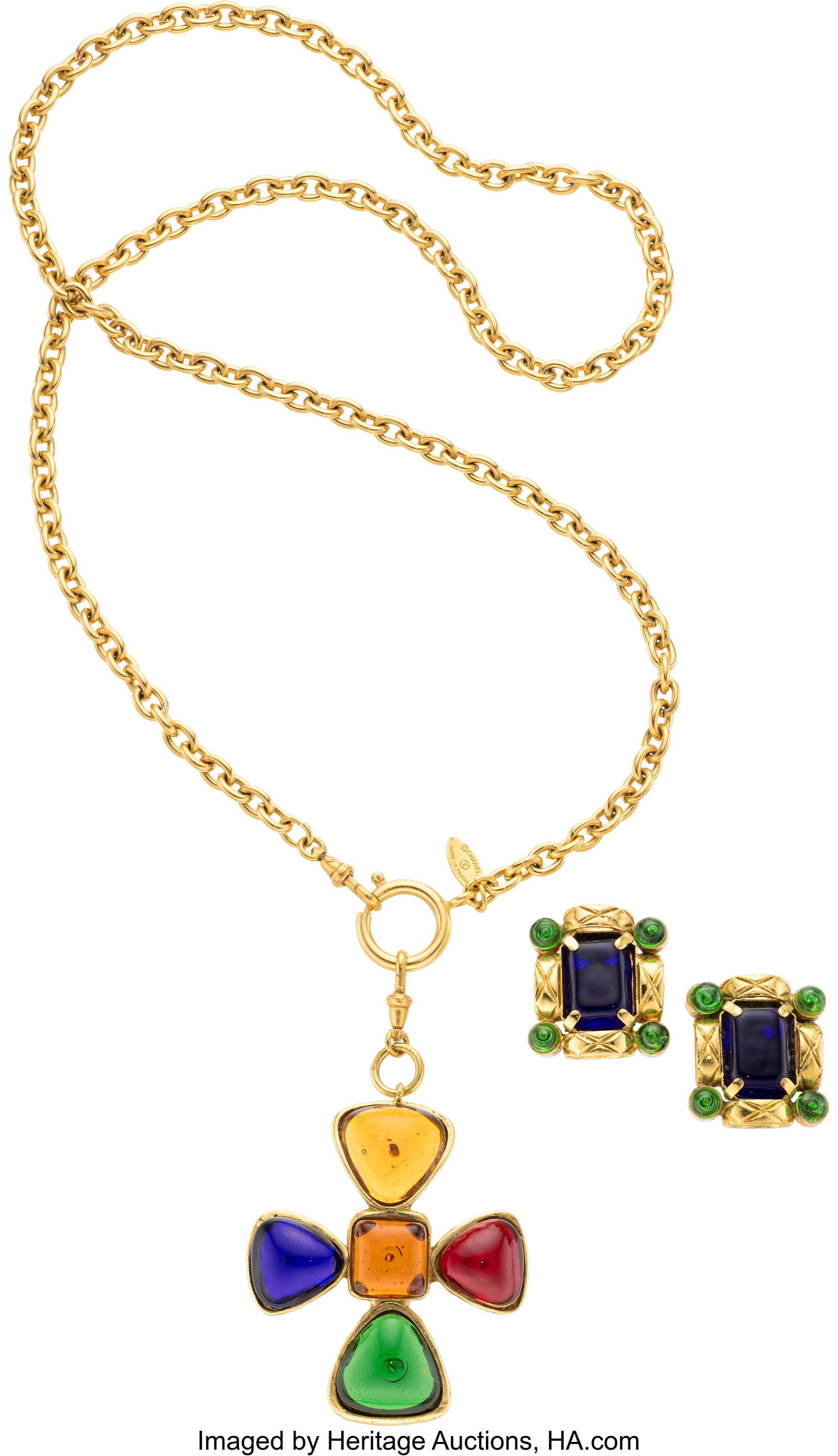 Chanel Set of Two: Vintage Gripoix Cross Necklac: Chanel Set of Two: Vintage Gripoix Cross Necklace & Earrings See Extended Condition Report for Details. This set includes: Chanel Vintage Gold Plated Multicolor Gripoix Cross Ne
