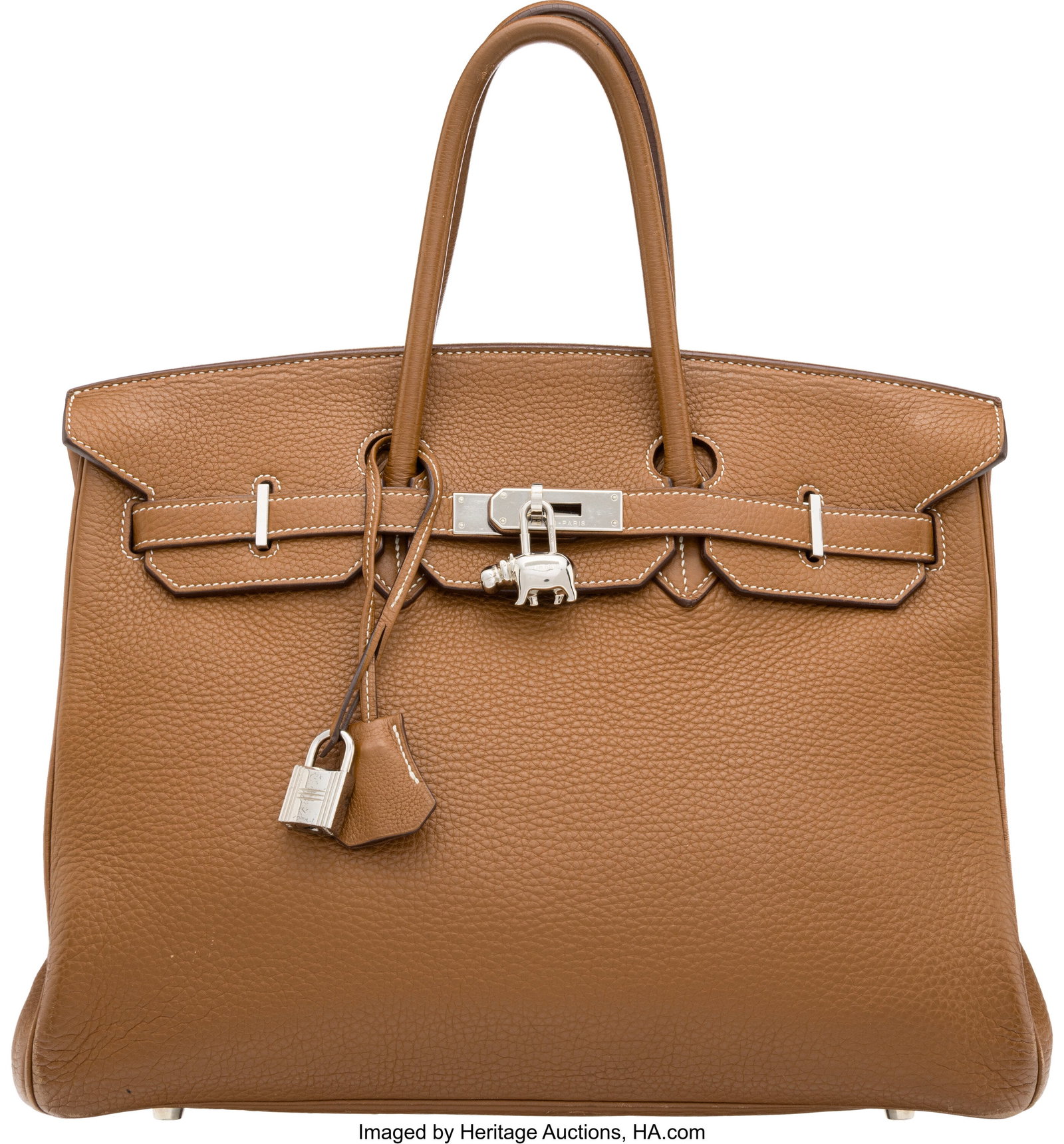 Hermès 35cm Gold Clemence Leather Birkin Bag wi: Hermès 35cm Gold Clemence Leather Birkin Bag with Palladium Hardware & Hippo Cadenas Padlock Charm I Square, 2005 Condition: 4 14" Width x 10" Height x 7" Depth This bag is done