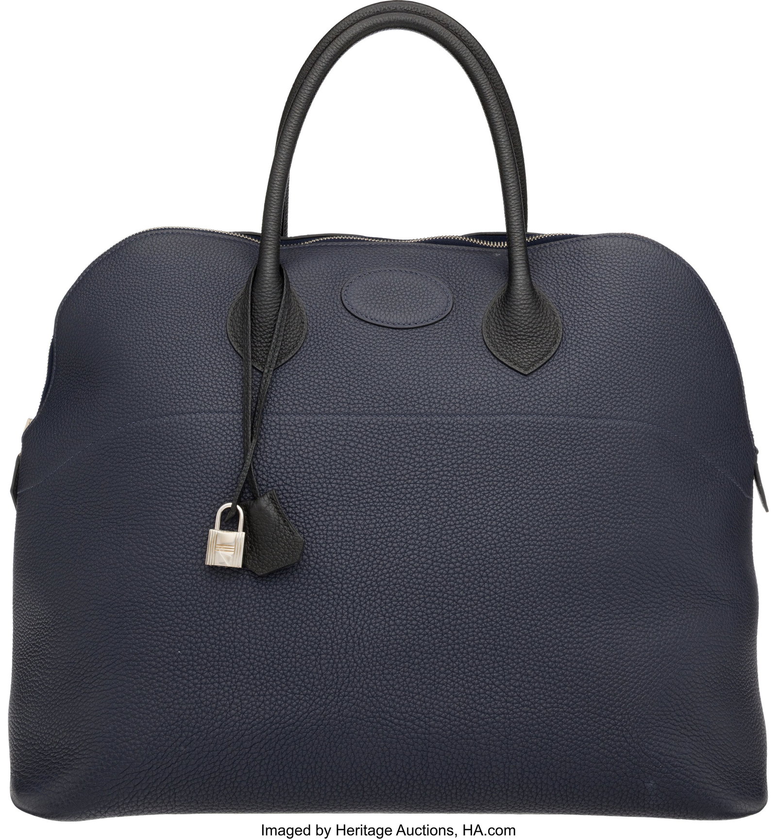 Hermès 45cm Bleu Nuit & Black Togo Leather Boli: Hermès 45cm Bleu Nuit & Black Togo Leather Bolide Bag with Palladium Hardware A, 2017 Condition: 2 18" Width x 14" Height x 10" Depth This bag is done in Bleu Nuit and Black Tog
