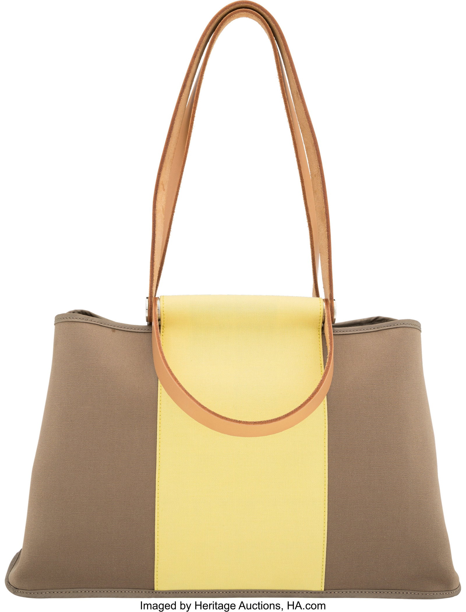 Hermès Etoupe, Lime Toile & Natural Vache Hunte: Hermès Etoupe, Lime Toile & Natural Vache Hunter Leather Cabag Elan Tote Bag with Palladium Hardware Q Square, 2013 Condition: 2 15.5" Width x 8.5" Height x 