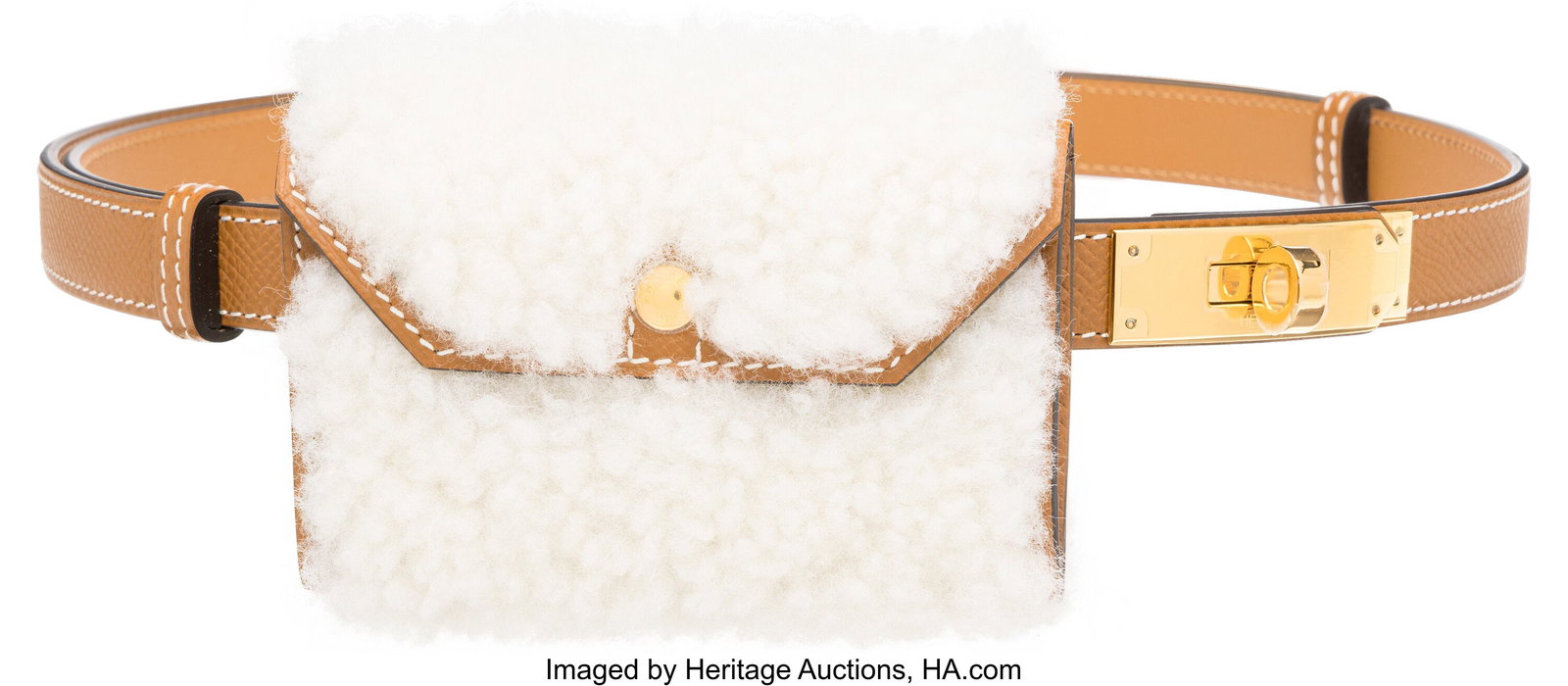 Hermès Gold Epsom Leather & Shearing Kelly Pock: Hermès Gold Epsom Leather & Shearing Kelly Pocket Teddy 18 Belt with Gold Hardware K, 2025 Condition: 1 Belt: 24"-40", Pouch: 5" Width x 4.25" Height Th