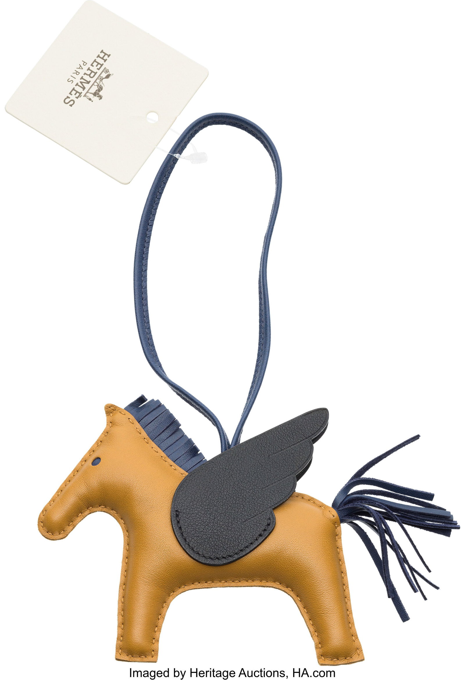 Hermès Sesame, Bleu Sapphire, & Black Milo Lamb: Hermès Sesame, Bleu Sapphire, & Black Milo Lambskin Leather Pegase GM Charm Z, 2021 Condition: 1 6" Width x 5" Height x 1" Depth This charm is done in Sesame, 