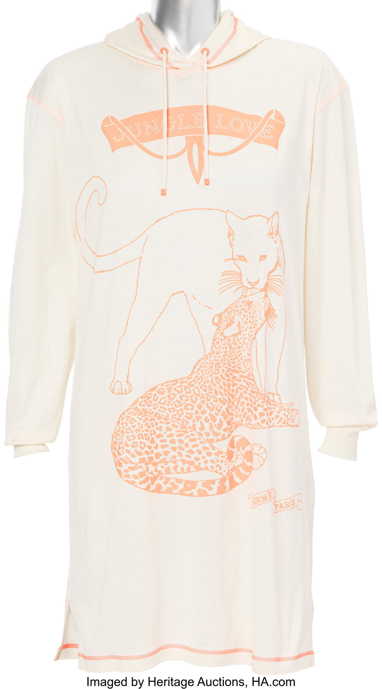 Hermès Cream & Orange Printed Cotton Jungle Lov: Hermès Cream & Orange Printed Cotton Jungle Love Hooded Dress Condition: 1 Size 34 This dress is done in Cream Cotton, screen printed with the Jungle Love design in Orange&perio