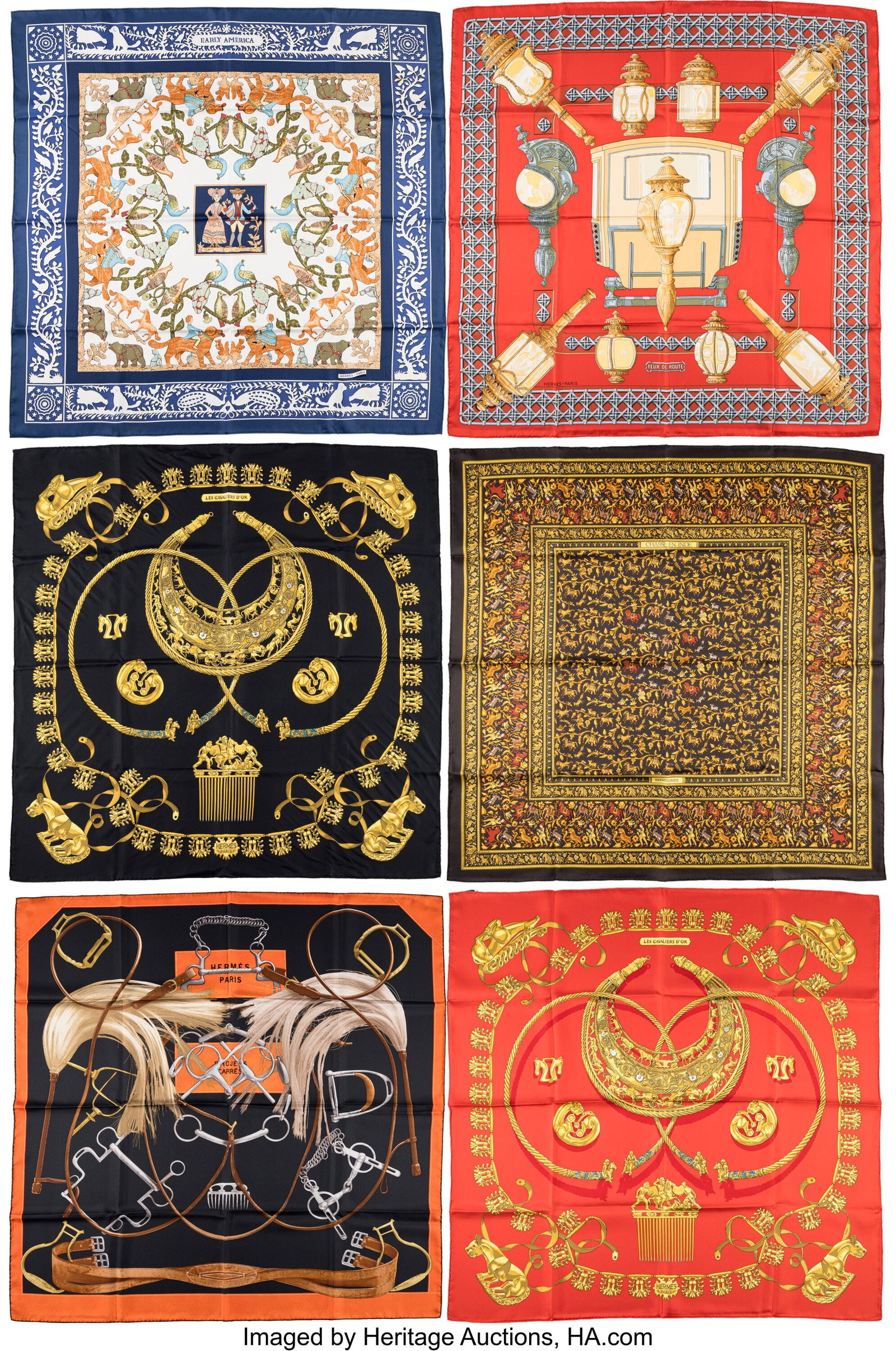 Hermès Set of Six: Silk Square Scarves See Exte: Hermès Set of Six: Silk Square Scarves See Extended Condition Report for Details. This set includes: Hermès Blue and White Early America by Françoise de la Perr