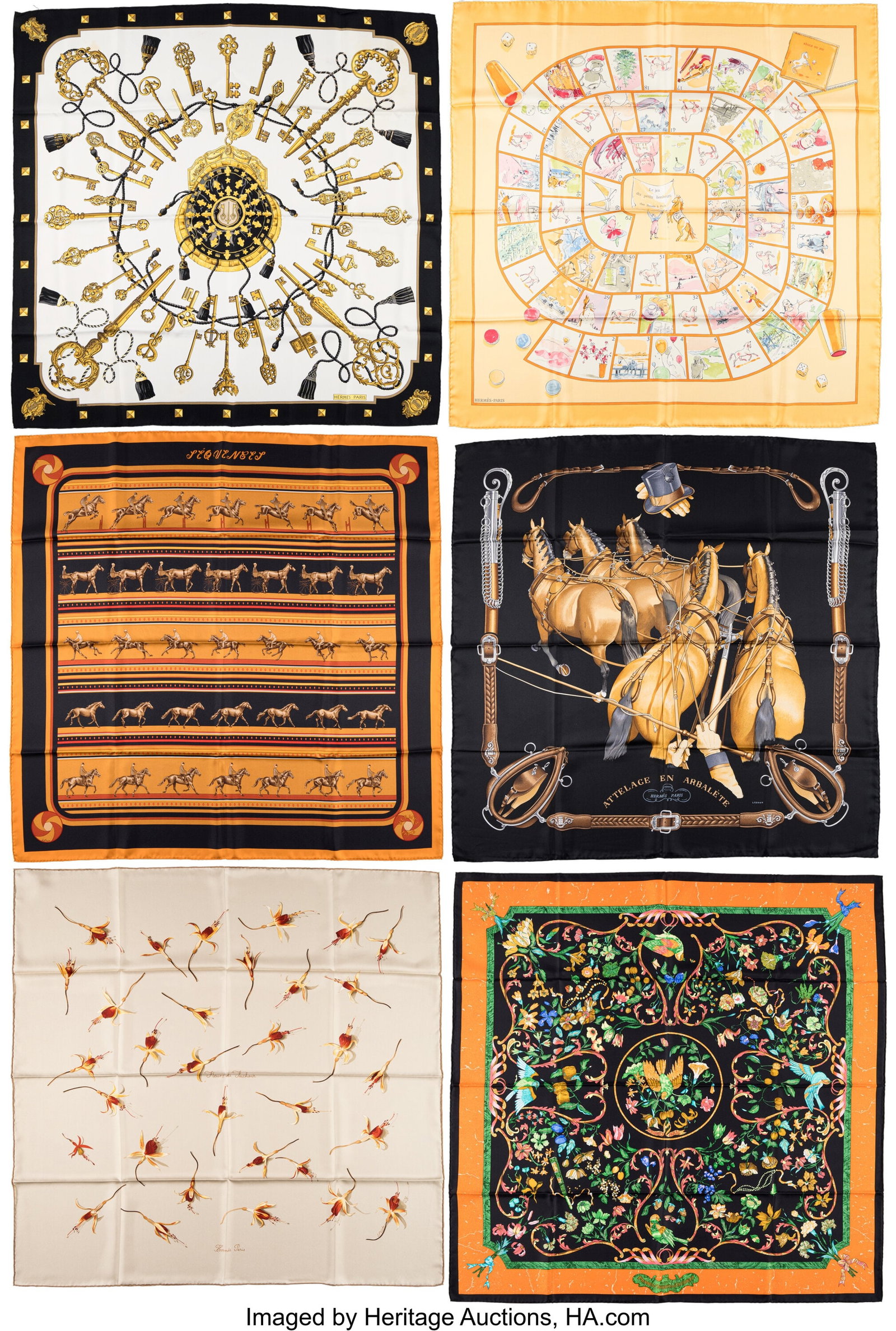Hermès Set of Six: Silk Square Scarves See Exte: Hermès Set of Six: Silk Square Scarves See Extended Condition Report for Details. This set includes: Hermès Black, White, and Gold Les Clès by Caty 