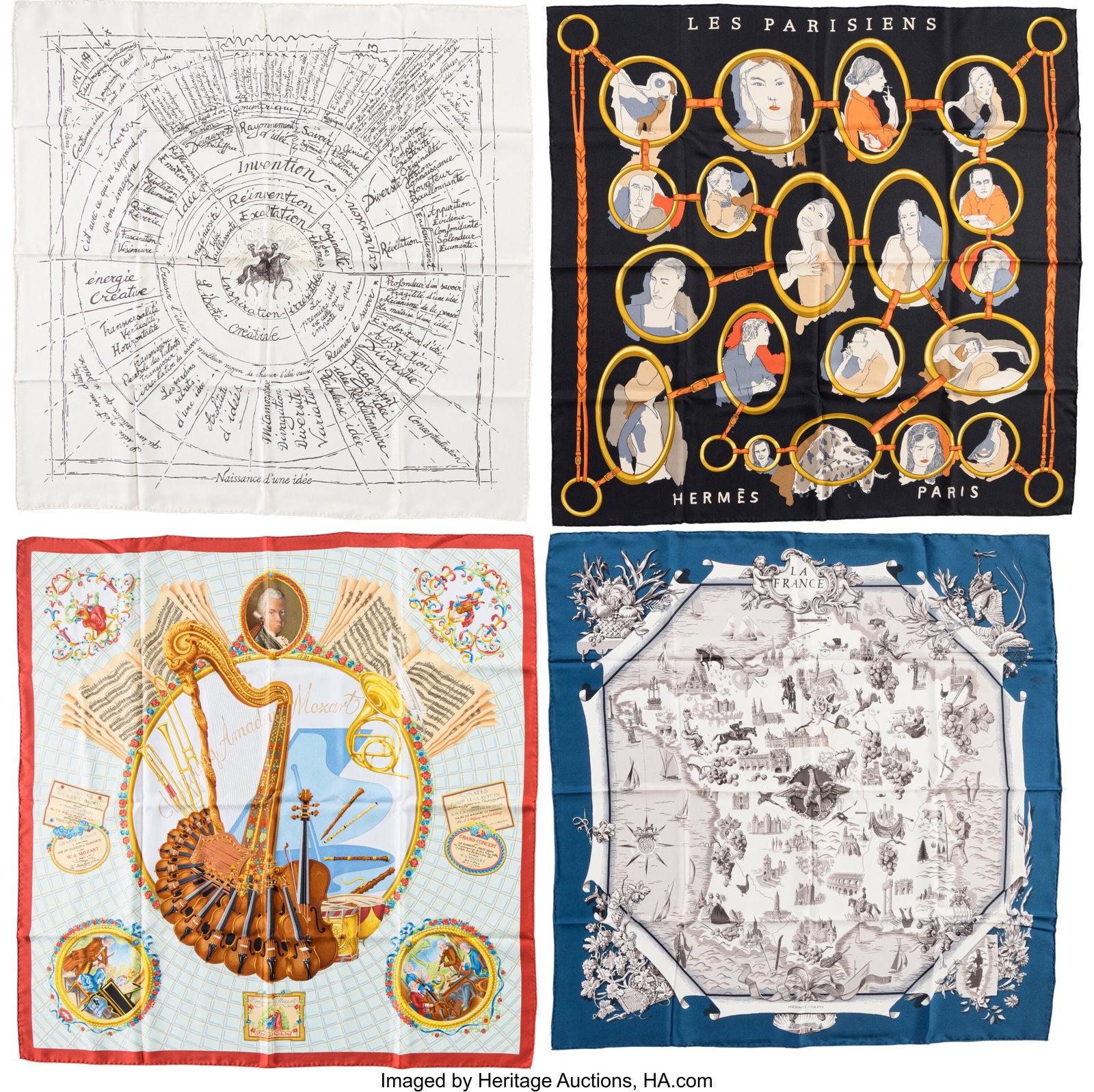 Hermès Set of Four: 90cm Silk Square Scarves S: Hermès Set of Four: 90cm Silk Square Scarves See Extended Condition Report for Details. This set includes: Hermès Blue La France by Françoise de la Perriè