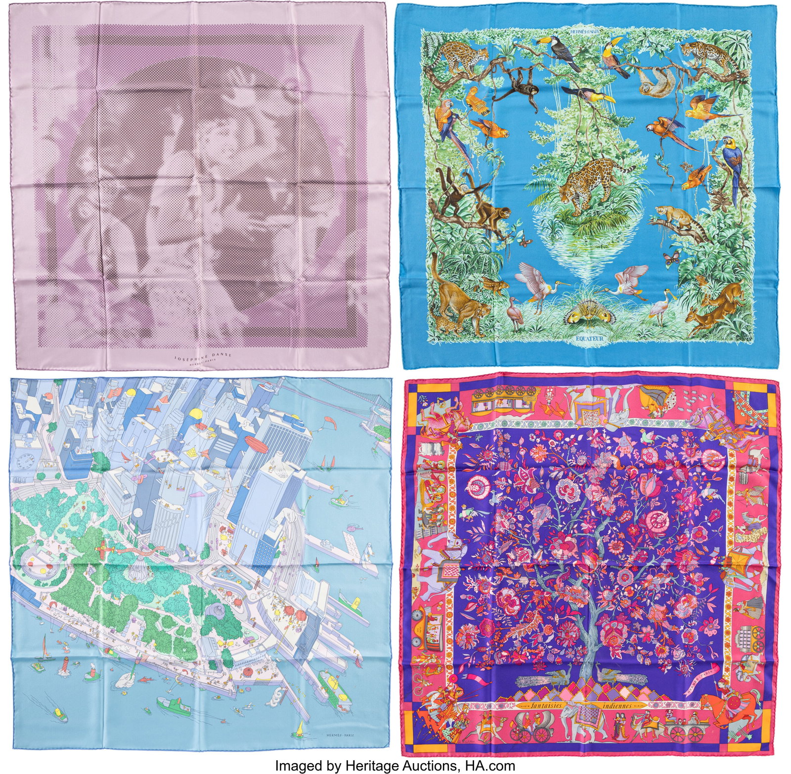 Hermès Set of Four: 90cm Silk Square Scarves S: Hermès Set of Four: 90cm Silk Square Scarves See Extended Condition Report for Details. This set includes: Hermès Pink & Purple Fantaisies Indiennes by Loic Dubige
