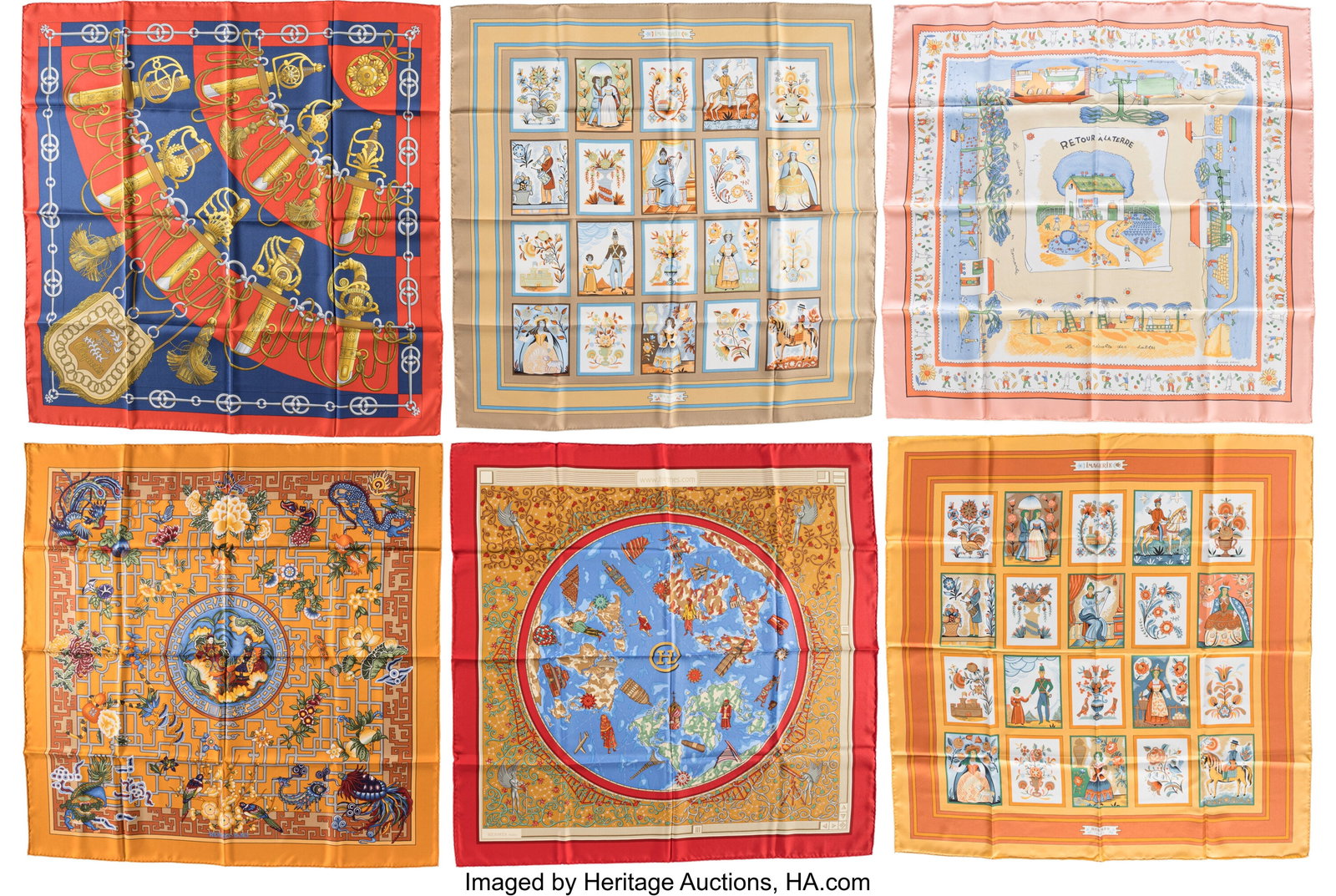 Hermès Set of Six: Silk Square Scarves See Exte: Hermès Set of Six: Silk Square Scarves See Extended Condition Report for Details. This set includes Hermès Pink, Blue, and Yellow Retour a la Terre by Oliver Dum