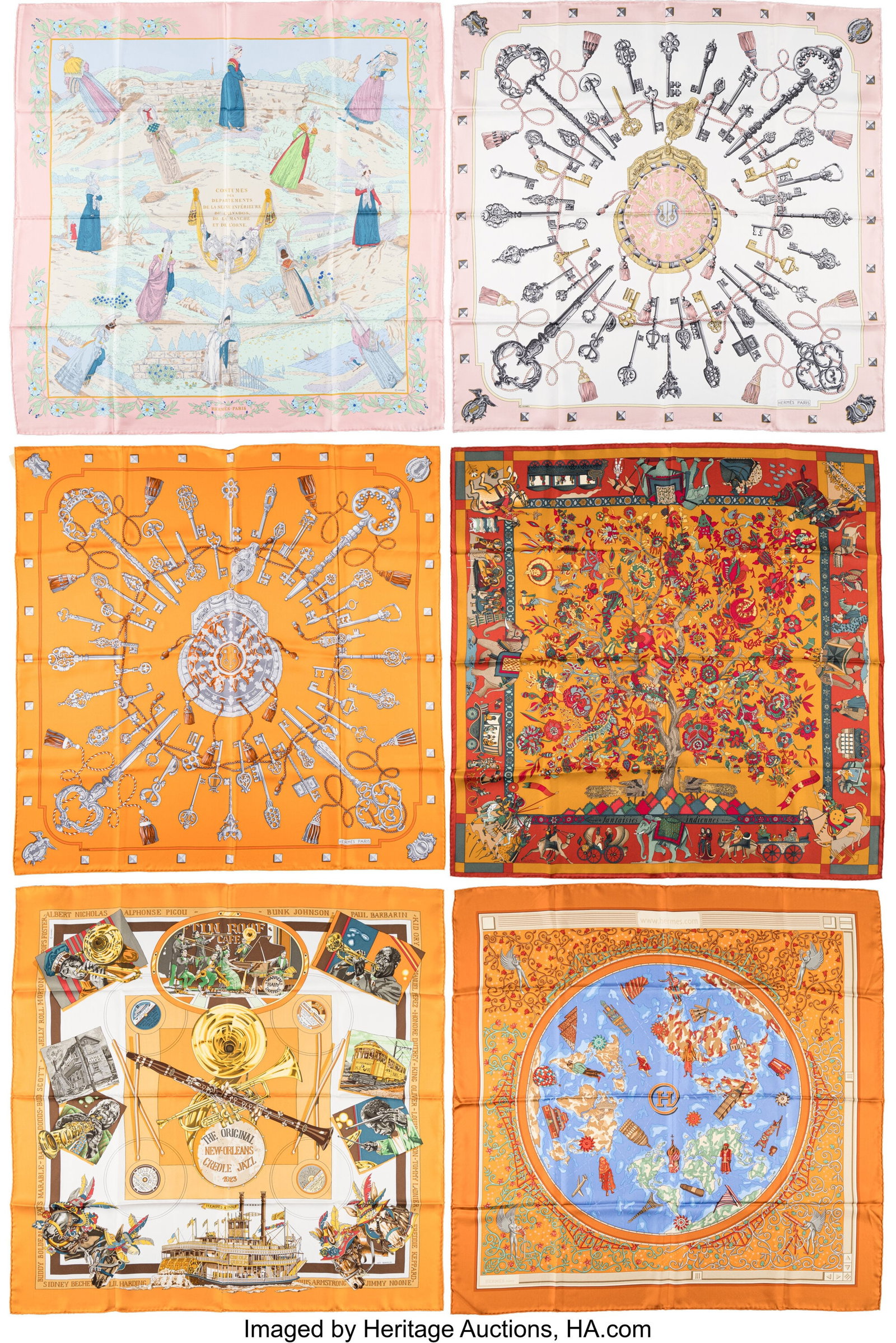Hermès Set of Six: Silk Square Scarves See Exte: Hermès Set of Six: Silk Square Scarves See Extended Condition Report for Details. This set includes: Hermès Pink and Blue Costumes des Départements de la Seine 