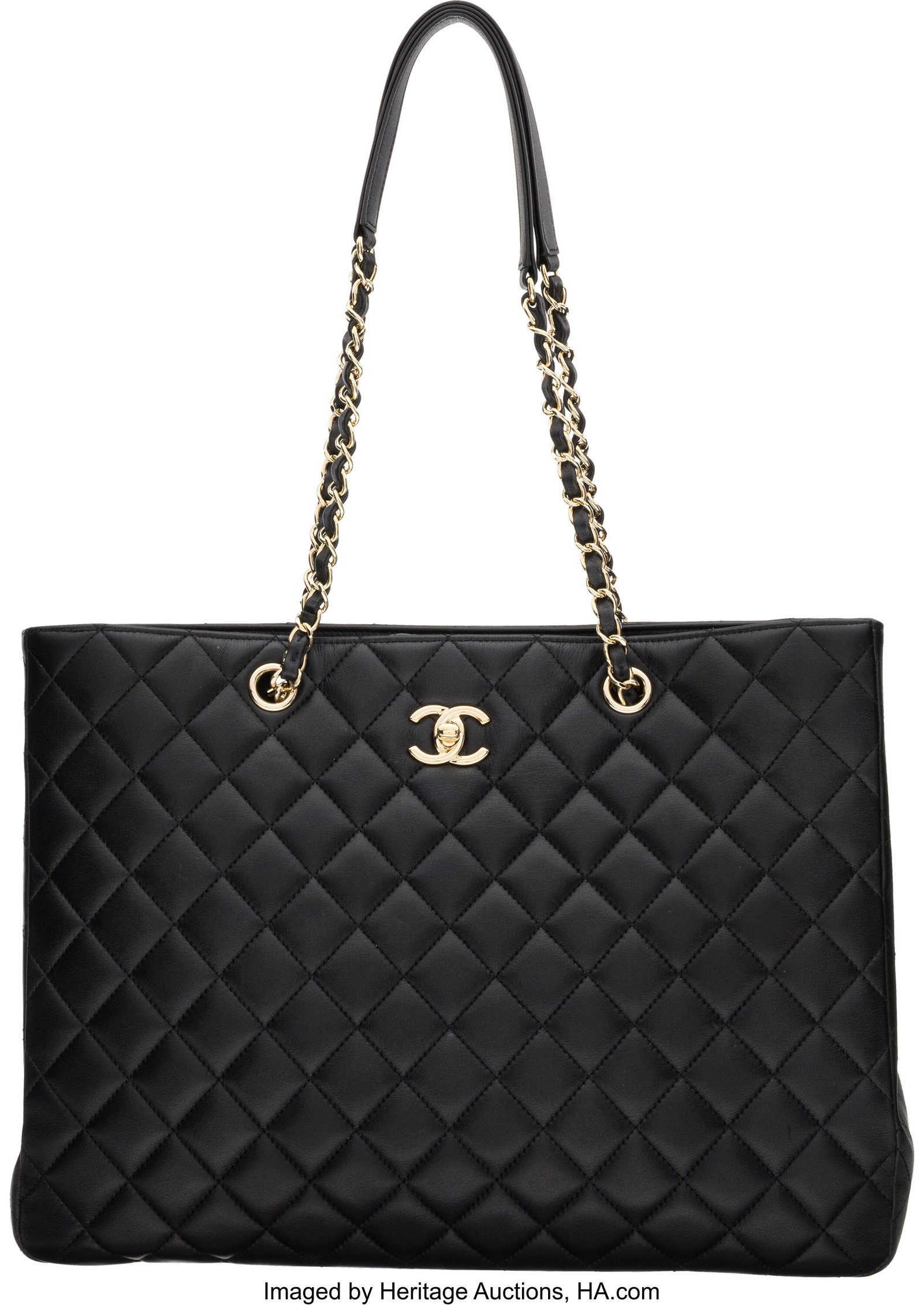 Chanel Black Quilted Calfskin Leather Grand Shop: Chanel Black Quilted Calfskin Leather Grand Shopping Tote with Light Gold Hardware 2015-2016 Condition: 2 14" Width x 10.5" Height x 4" Depth This bag is done in Black Quilted Calfskin Le