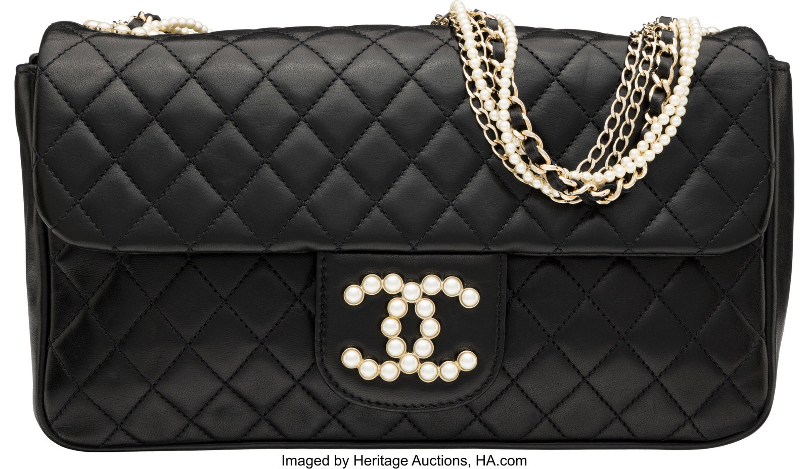 Chanel Black Quilted Lambskin Leather Westminste: Chanel Black Quilted Lambskin Leather Westminster Pearl Flap Bag with Gold Hardware 2011 Condition: 2 10.5" Width x 6" Height x 2" Depth This bag is done in Black Quilted Lambskin Leather