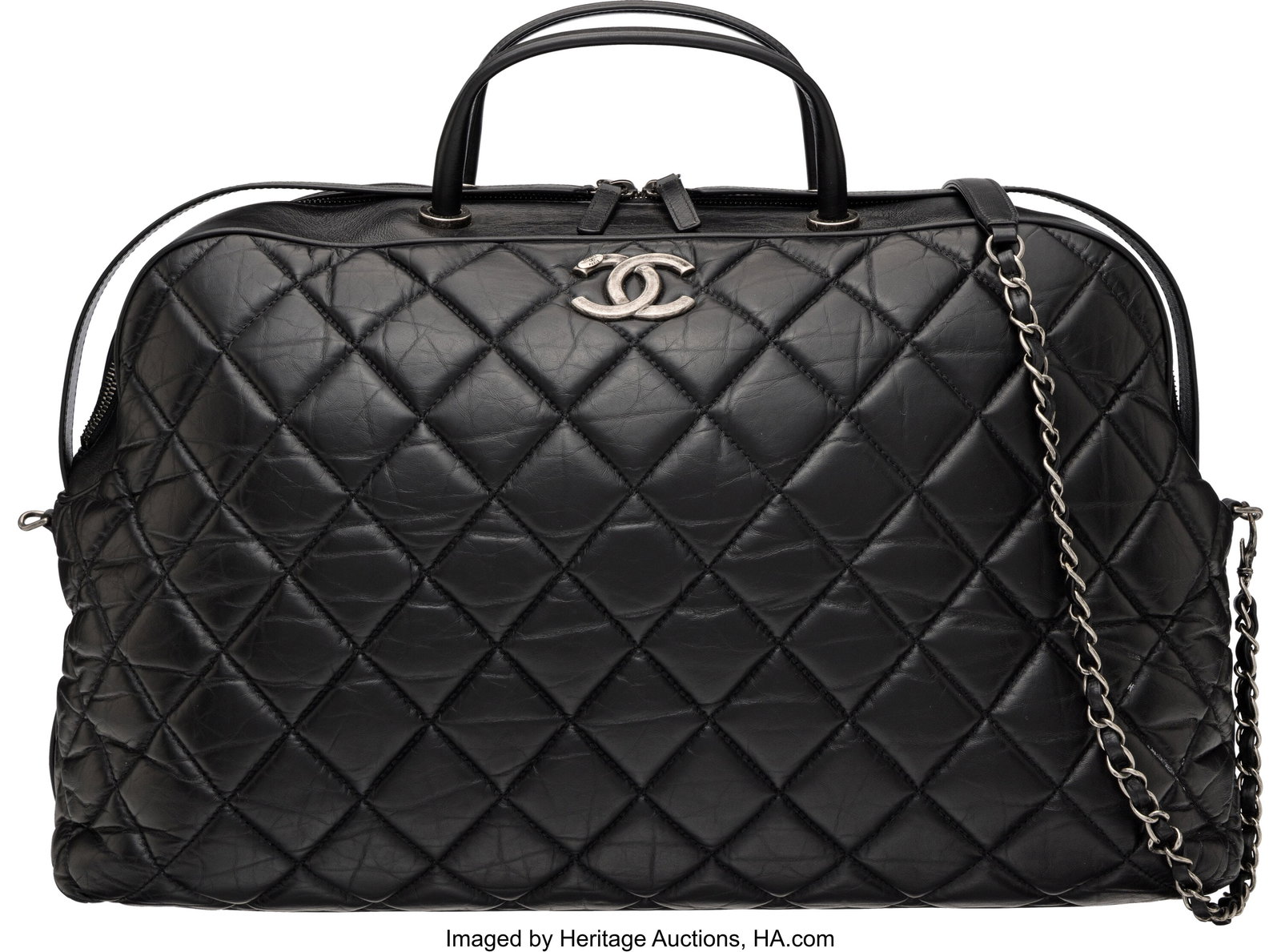 Chanel Black Quilted Calfskin Leather Large Bowl: Chanel Black Quilted Calfskin Leather Large Bowler Bag with Aged Ruthenium Hardware 2015-2016 Condition: 3 18" Width x 11" Height x 6.5" Depth This bag is done in Black Calfskin Leather w