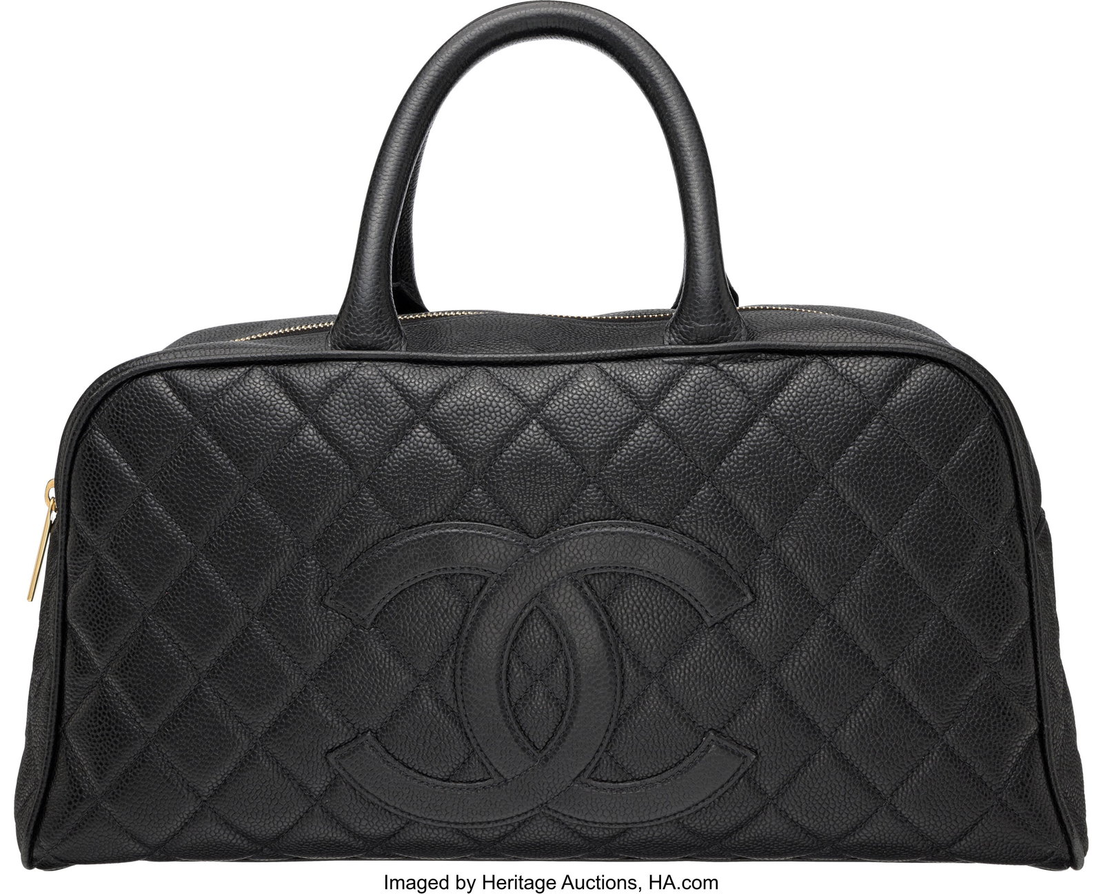 Chanel Black Quilted Caviar Leather Timeless Bow: Chanel Black Quilted Caviar Leather Timeless Bowler Bag with Gold Hardware 2003-2004 Condition: 3 14.5" Depth x 7" Height x 5" Width This bag is done in Black Quilted Caviar Leather with 