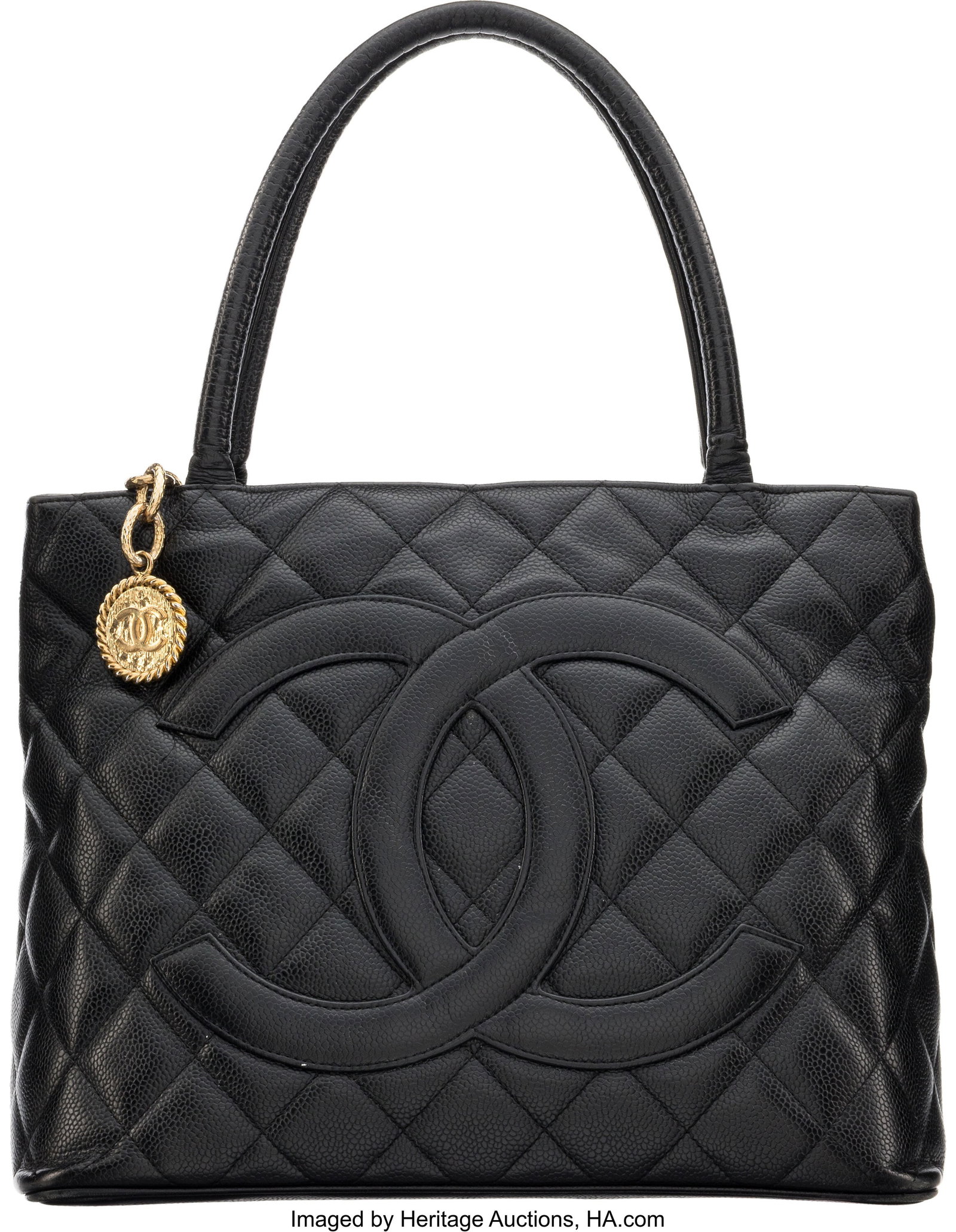 Chanel Black Quilted Caviar Leather Timeless Med: Chanel Black Quilted Caviar Leather Timeless Medallion Tote with Gold Hardware 2006-2008 Condition: 4 12" Width x 9.5" Height x 5.5" Depth This bag is done in Black Quilted Caviar 