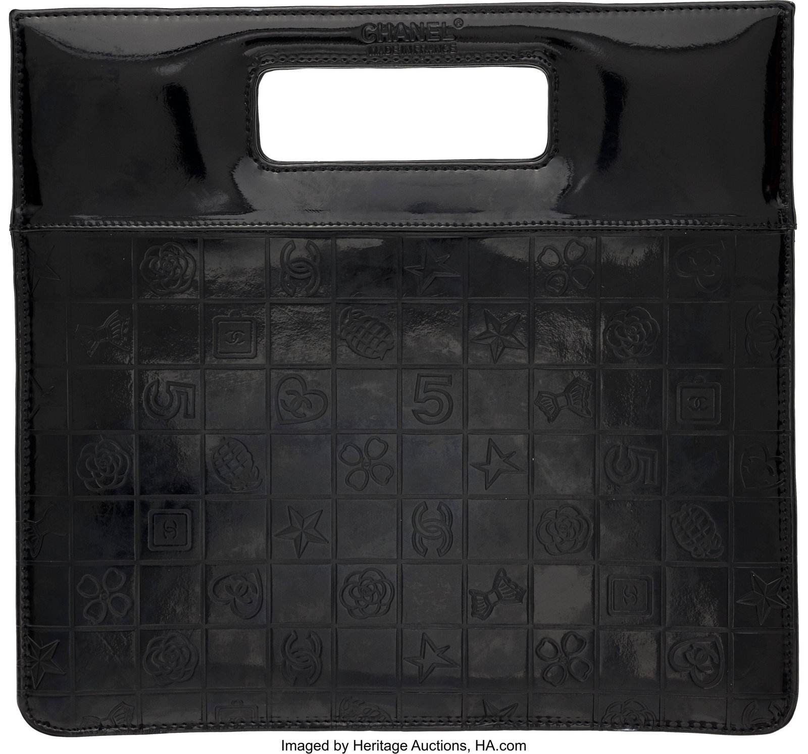 Chanel Black Patent Leather Embossed Chocolate B (1 of 2)