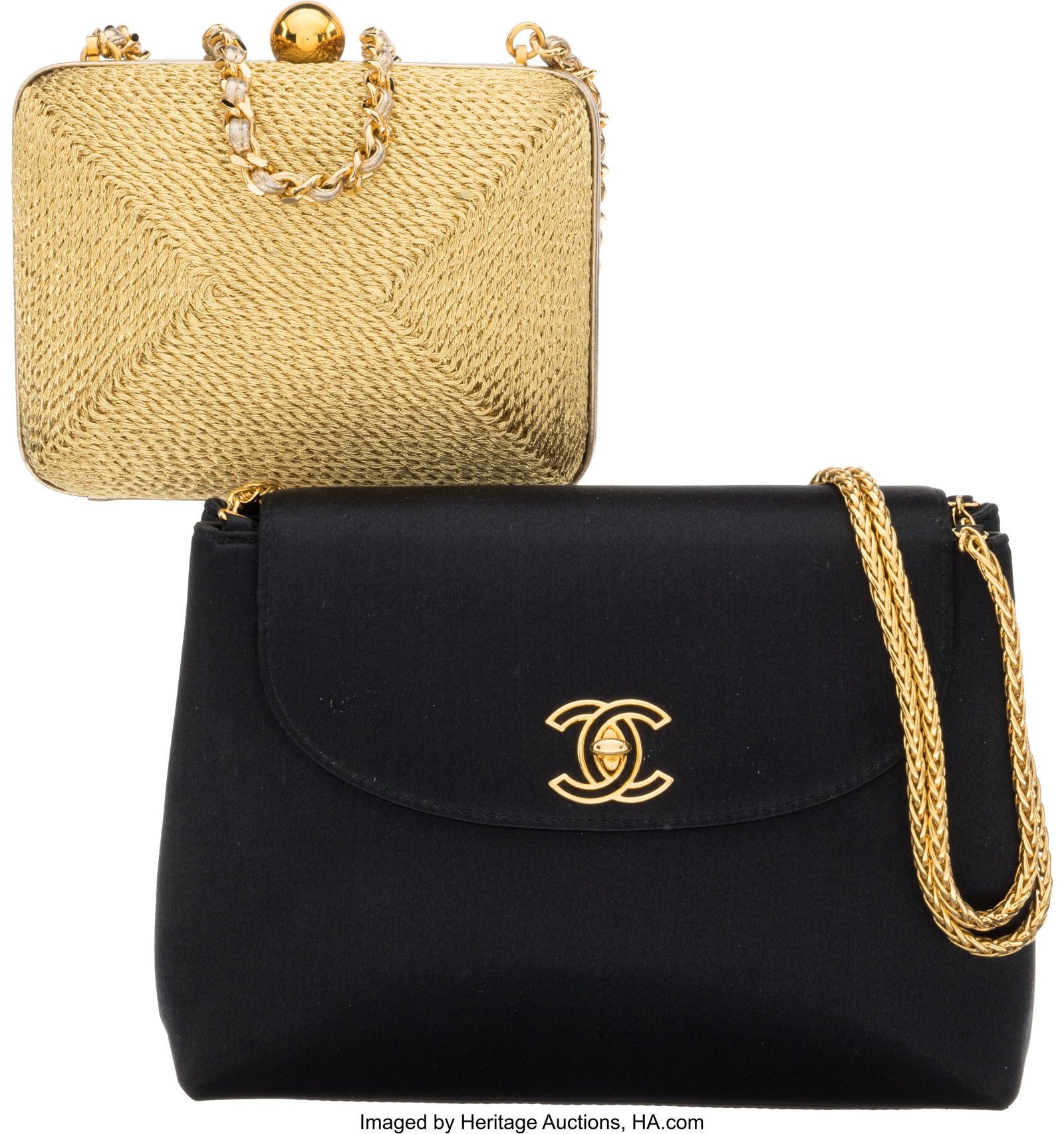 Chanel Set of Two: Vintage Black Satin & Gold Ev: Chanel Set of Two: Vintage Black Satin & Gold Evening Bags See Extended Condition Report for Details. This set includes: Chanel Black Satin Black Satin Flap Bag with Gold Hardwa