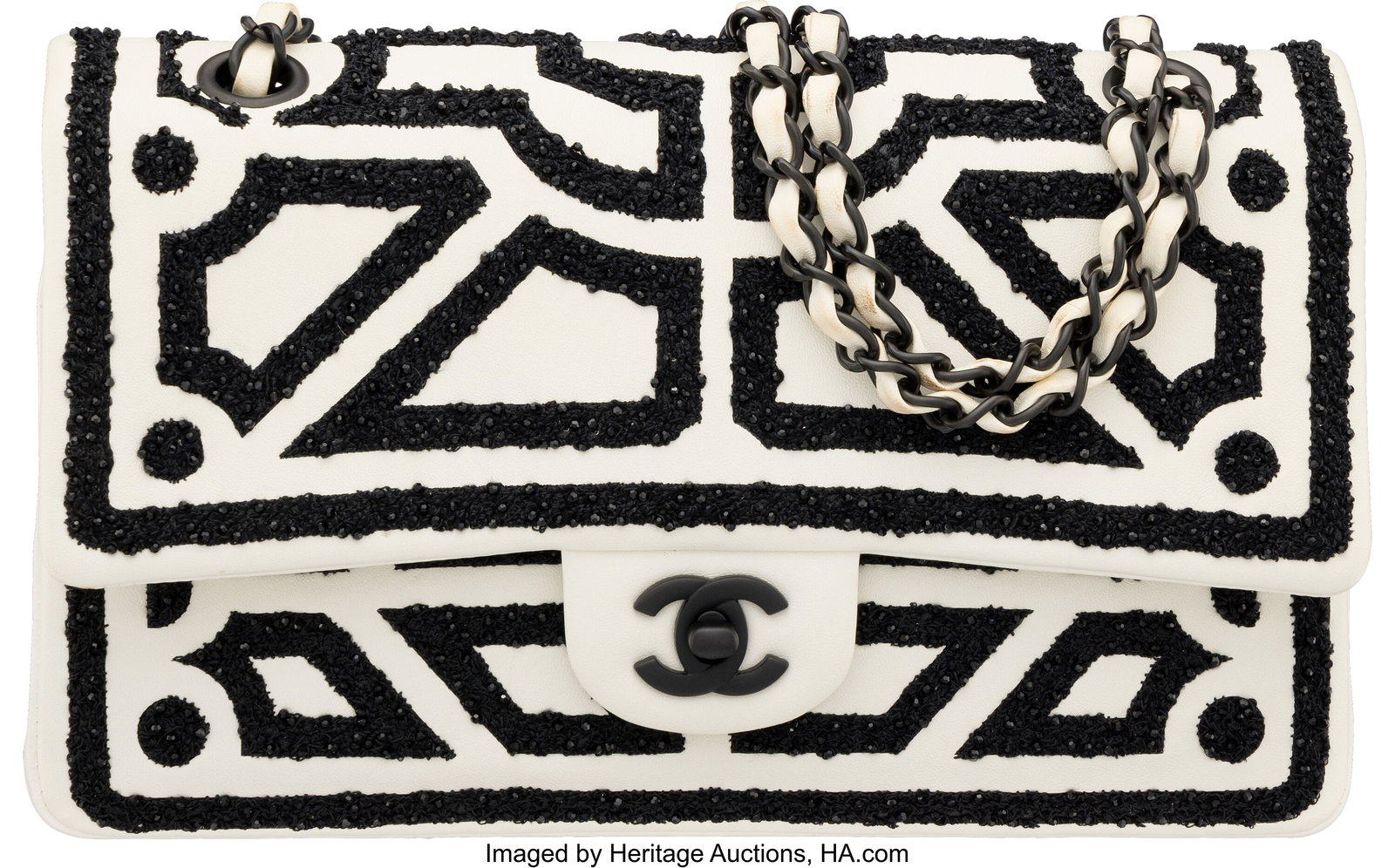 Chanel White Lambskin Leather Garden of Versaill: Chanel White Lambskin Leather Garden of Versailles Medium Classic Double Flap Bag with Black Hardware 2011 Condition: 3 9.75" Width x 6" Height x 2.5" Depth This bag is done in Whi
