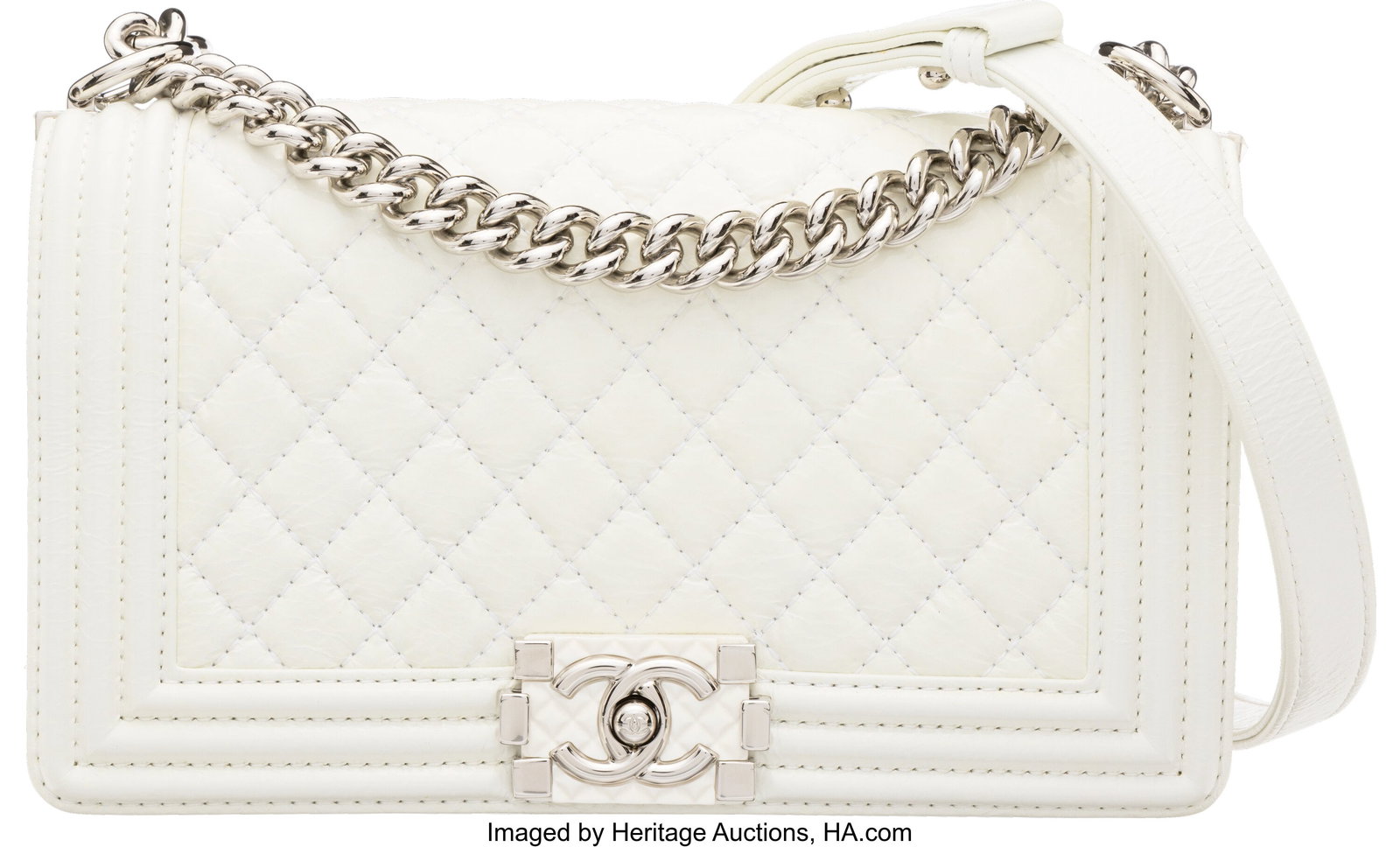 Chanel White Patent Calfskin Leather Medium Boy : Chanel White Patent Calfskin Leather Medium Boy Bag with Silver Hardware 2018 Condition: 2 9.75" Width x 6" Height x 3" Depth This bag is done in White Patent Calfskin Leather with Silver