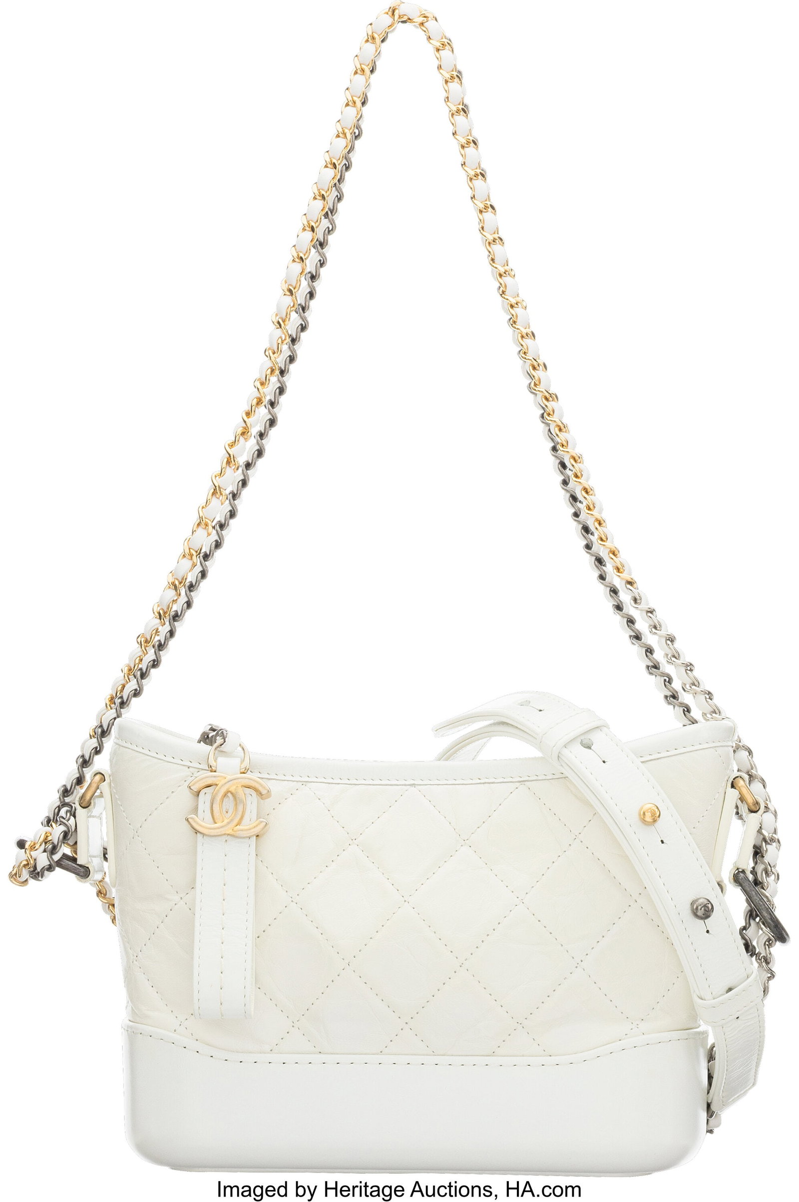 Chanel White Quilted Distressed Leather Small Ga: Chanel White Quilted Distressed Leather Small Gabrielle Hobo Bag with Aged Gold & Ruthenium Hardware 2018 Condition: 2 7.5" Width x 6" Height x 3" Depth This bag is done in White Quil