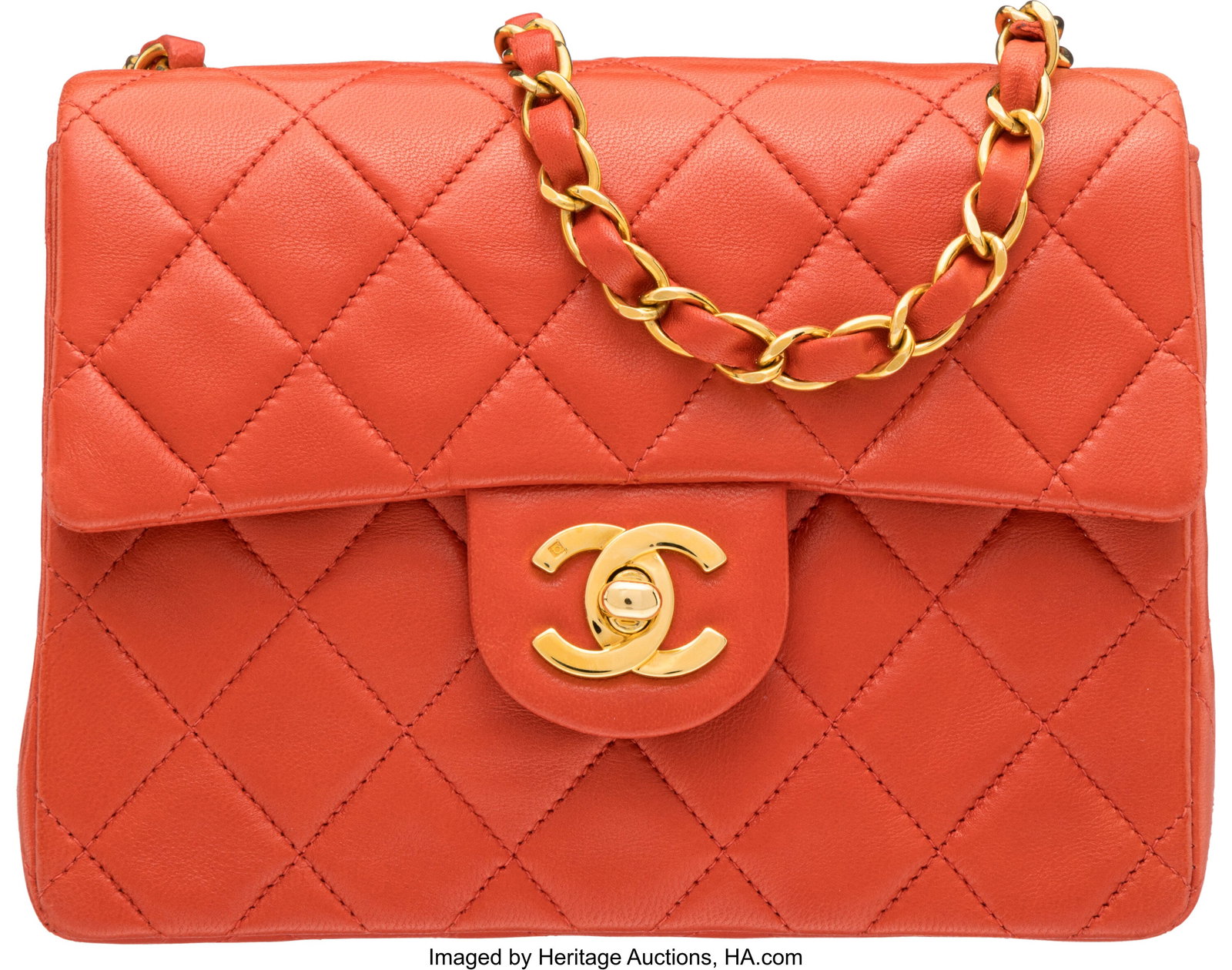 Chanel Vintage Coral Red Quilted Lambskin Leathe: Chanel Vintage Coral Red Quilted Lambskin Leather Mini Square Flap Bag with Gold Hardware 1997-1999 Condition: 2 7" Width x 5.5" Height x 2.5" Depth This bag is done in Coral Red