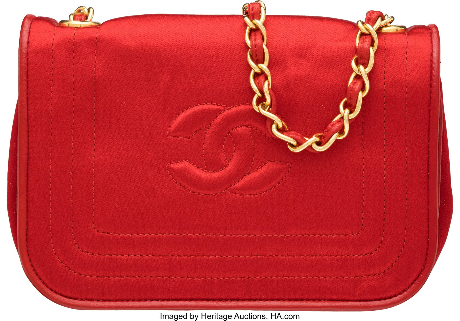 Chanel Vintage Red Satin Mini Flap Bag with Gold: Chanel Vintage Red Satin Mini Flap Bag with Gold Hardware 1986-1988 Condition: 4 7" Width x 4.5" Height x 2.5" Depth This bag is done in Red Satin with Gold Hardware,