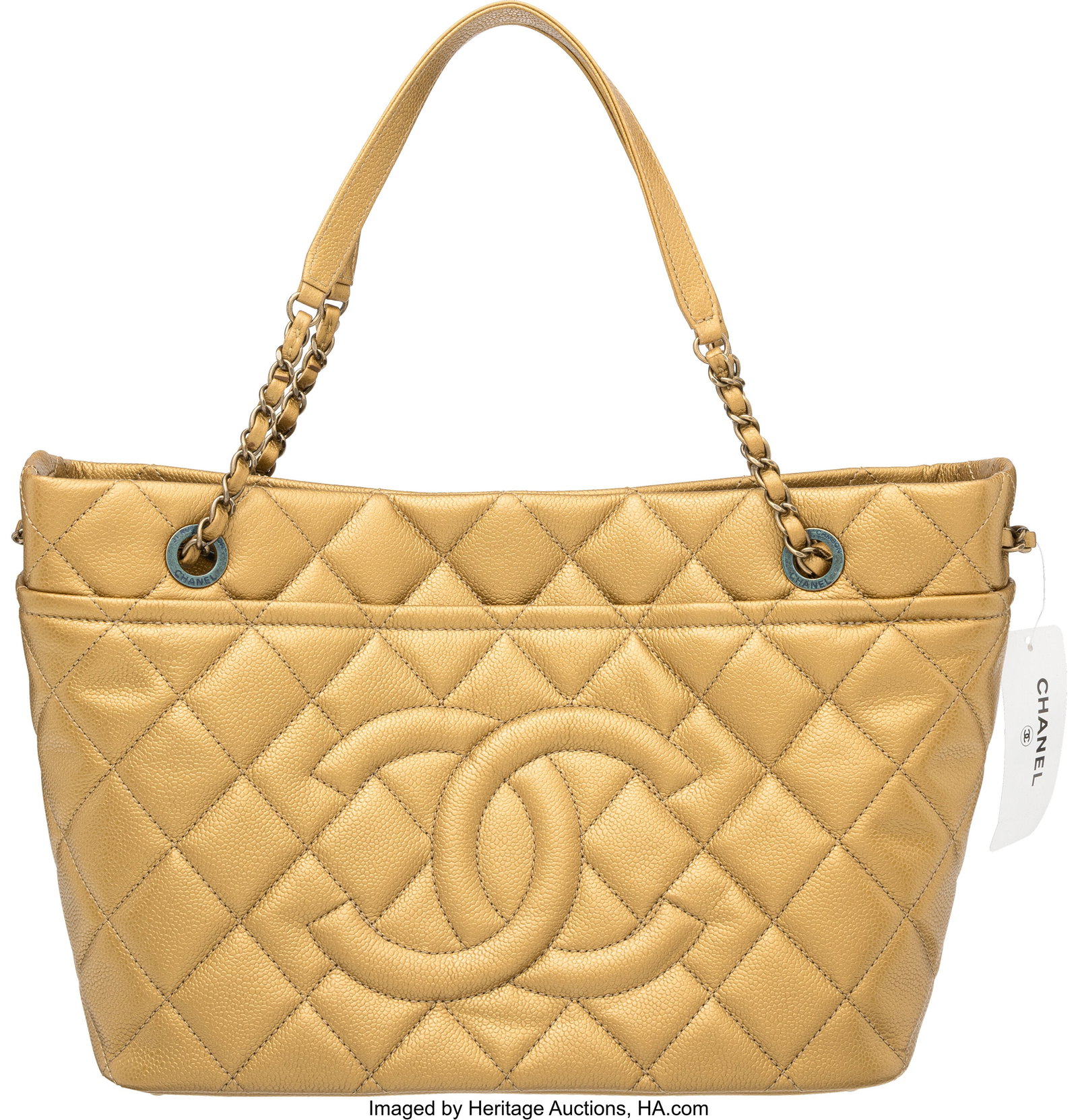 Chanel Metallic Gold Quilted Caviar Leather Time: Chanel Metallic Gold Quilted Caviar Leather Timeless CC Soft Shopping Tote with Aged Gold Hardware 2012-2013 Condition: 1 13" Width x 7" Depth x 9" Height This bag is done in Gold Caviar Leather