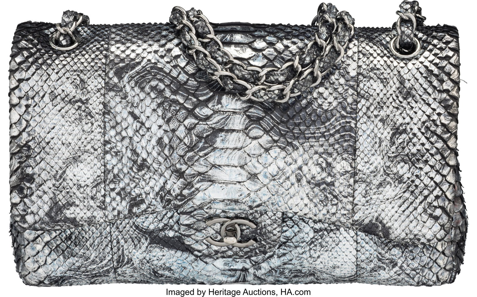 Chanel Metallic Black & Silver Python Jumbo Clas: Chanel Metallic Black & Silver Python Jumbo Classic Double Flap Bag with Ruthenium Hardware 2012-2013 Condition: 3 12" Width x 7.5" Height x 3.5" Depth This bag is done in Meta