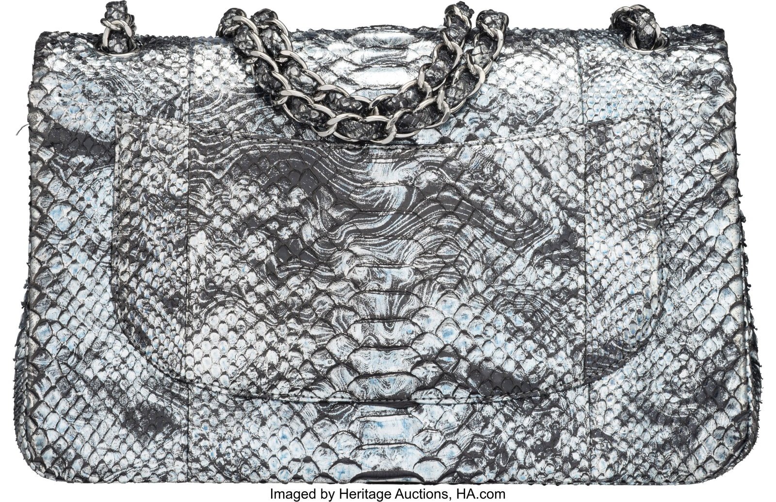 Chanel Metallic Black & Silver Python Jumbo Clas - 2