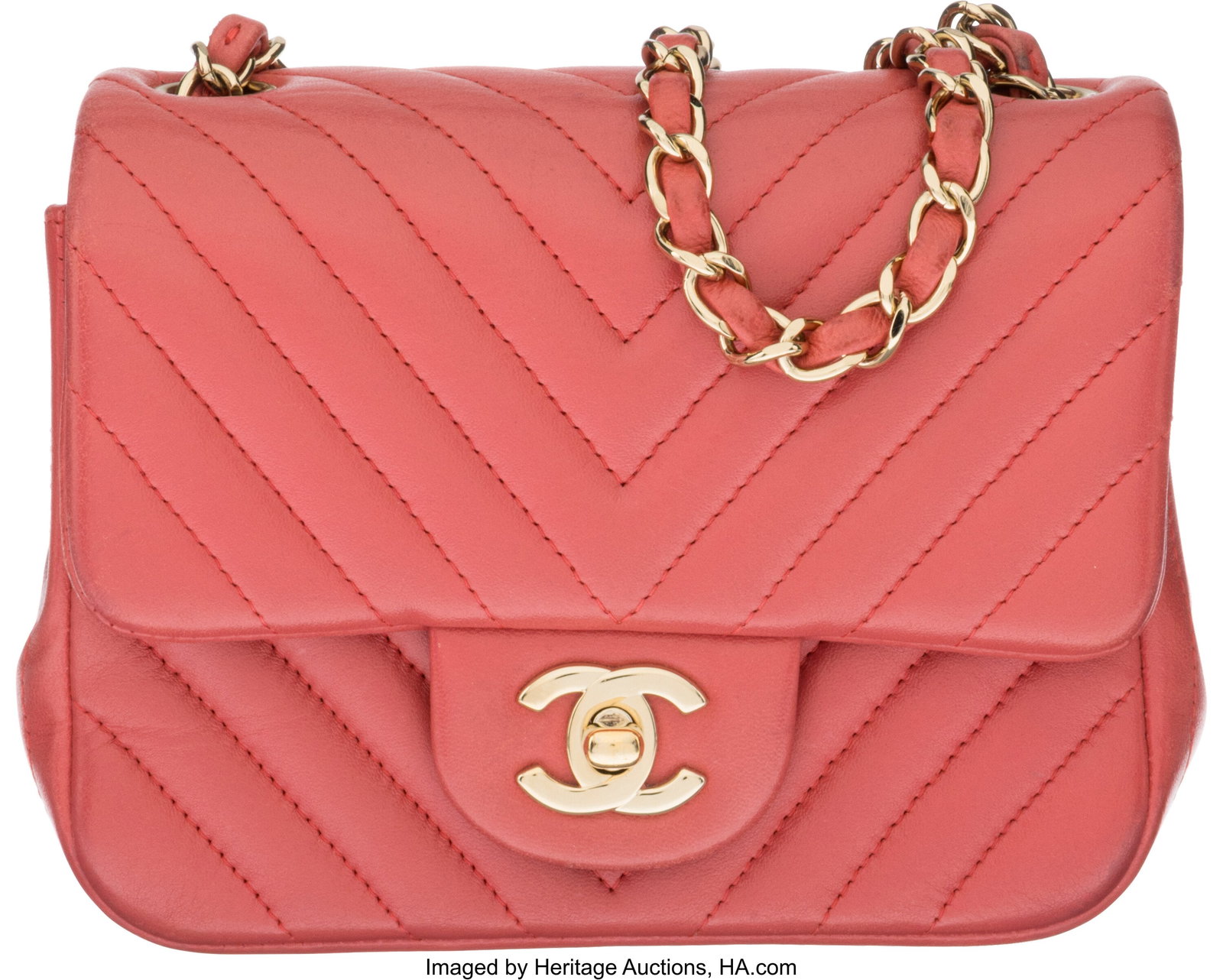 Chanel Pink Chevron Quilted Lambskin Leather Min: Chanel Pink Chevron Quilted Lambskin Leather Mini Square Flap Bag with Gold Hardware 2017-2018 Condition: 3 6.5" Width x 5.5" Height x 3" Depth This bag is done in Pink Lambskin