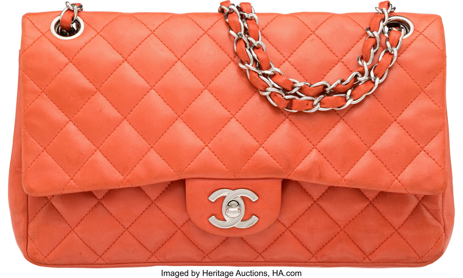 Chanel Coral Red Quilted Lambskin Leather Flap B: Chanel Coral Red Quilted Lambskin Leather Flap Bag with Silver Hardware 2003-2004 Condition: 4 10" Width x 6" Height x 2.75" Depth This bag is done in Coral Red Lambskin Leather with