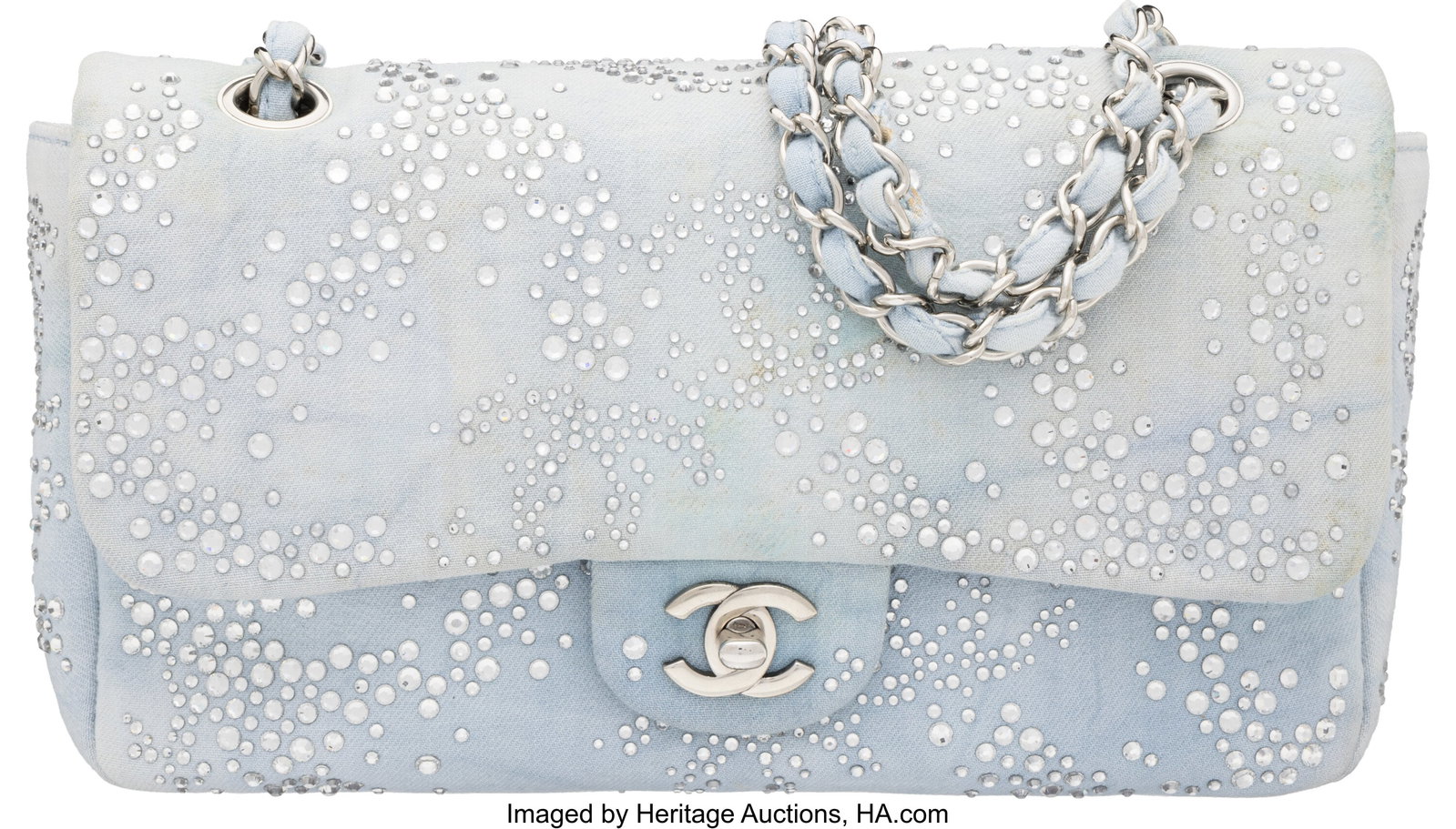 Chanel Light Blue Denim & Crystal Medium Classic: Chanel Light Blue Denim & Crystal Medium Classic Flap Bag with Silver Hardware 2010-2011 Condition: 3 10" Width x 6" Height x 2.5" Depth This bag is done in Light Blue Denim Fabric