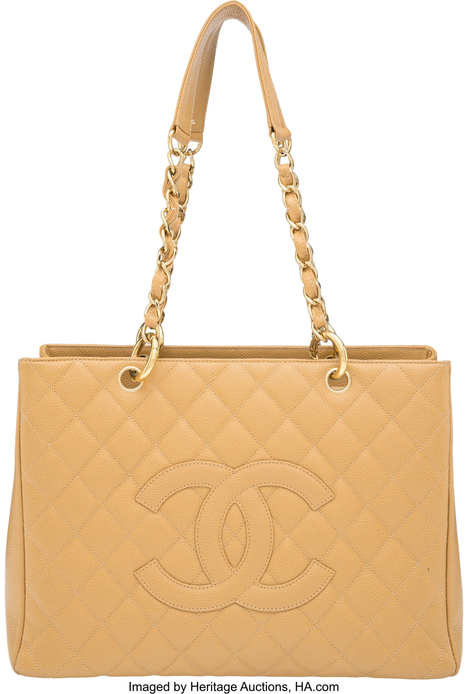 Chanel Beige Quilted Caviar Leather Grand Shoppi: Chanel Beige Quilted Caviar Leather Grand Shopping Tote with Gold Hardware 2004-2005 Condition: 3 13" Width x 9.25" Height x 5.25" Depth This bag is done in Beige Caviar Leather wi