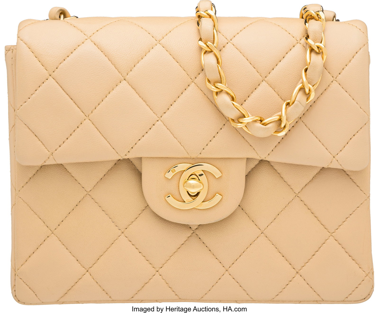 Chanel Vintage Beige Quilted Lambskin leather Mi: Chanel Vintage Beige Quilted Lambskin leather Mini Square Flap Bag with Gold Hardware 1997-1999 Condition: 2 7" Width x 5.5" Height x 2.5" Depth This bag is done in Beige Lambskin