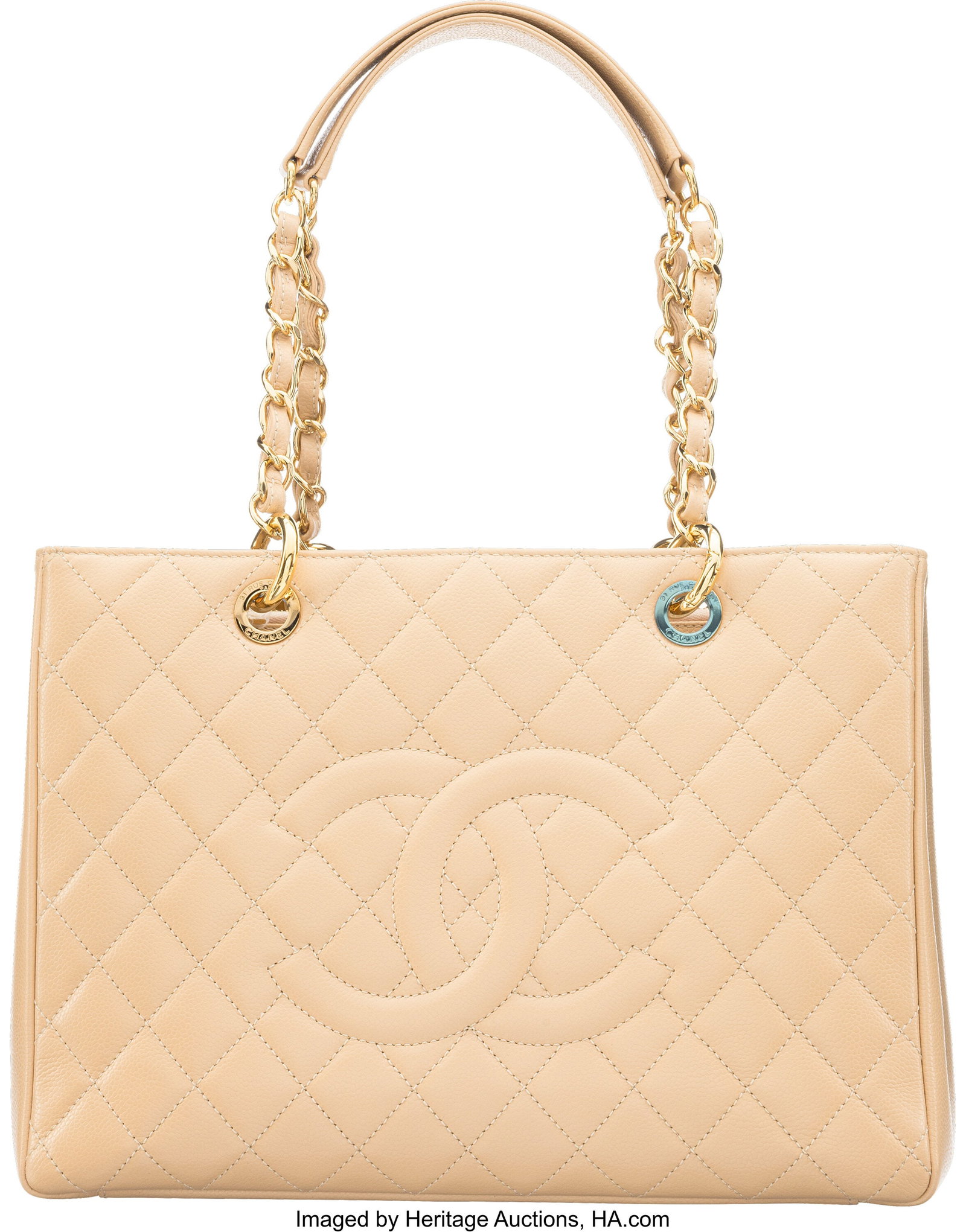 Chanel Light Beige Quilted Caviar Leather Grand : Chanel Light Beige Quilted Caviar Leather Grand Shopping Tote with Gold Hardware 2013-2014 Condition: 2 13.5" Width x 9.5" Height x 5" Depth This bag is done in Beige Quilted